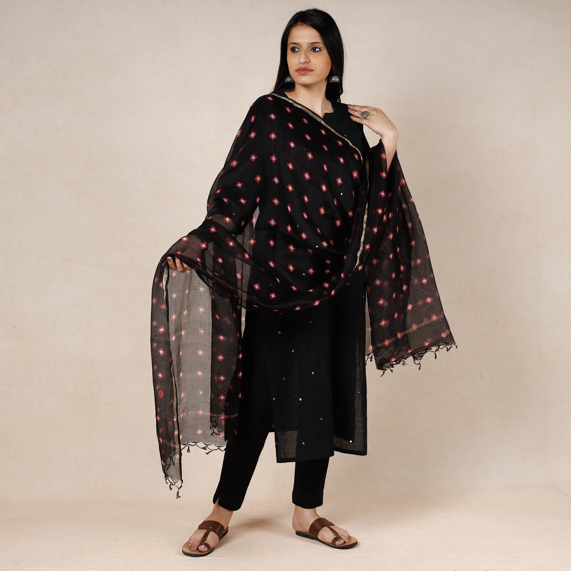 LEHARIYA BY BADSHAH MIYAN Black - Bandhani Tie-Dye Kota Doria Silk Dupatta with Tassels - view 2