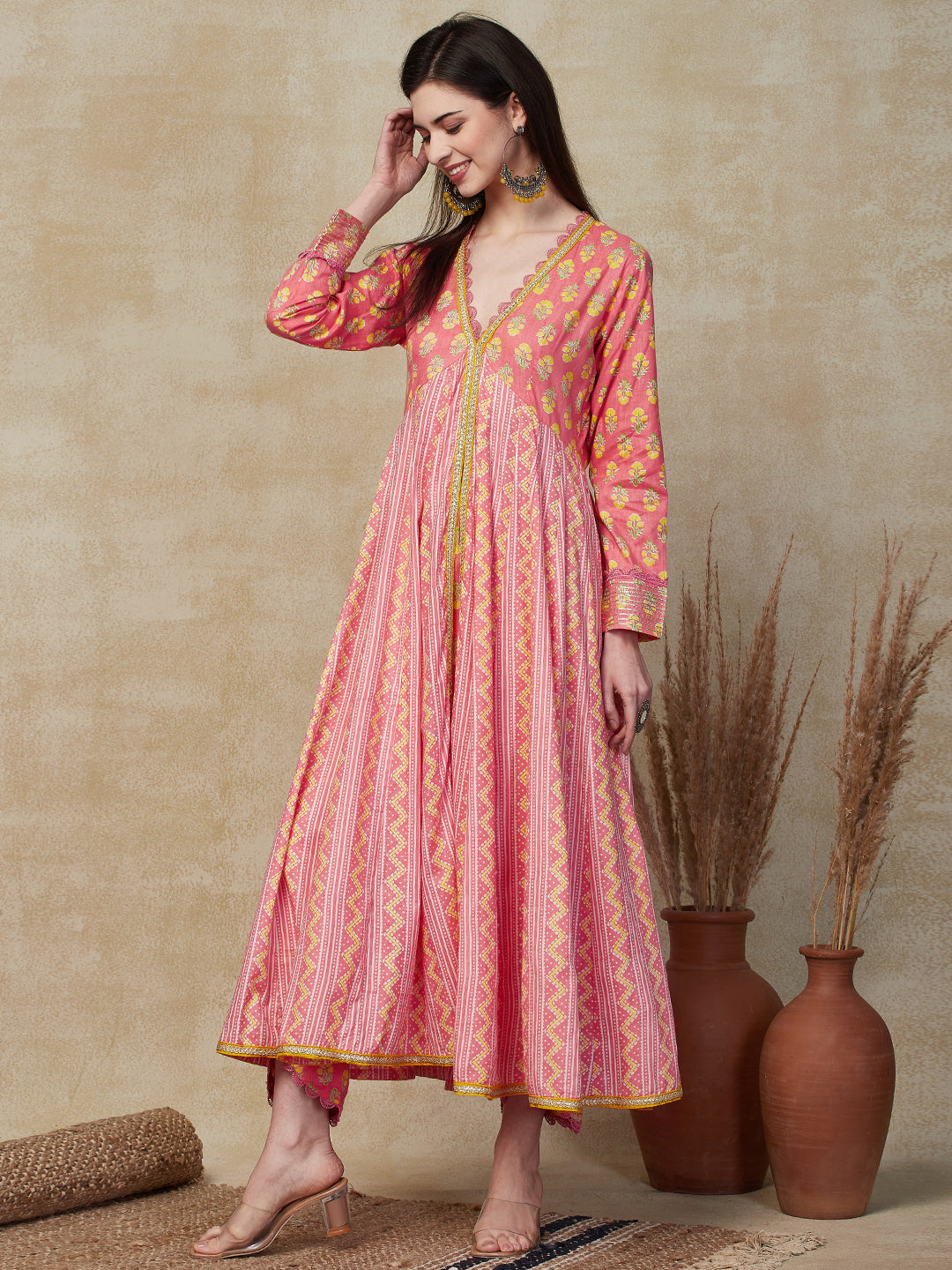 Fashor Ethnic Stripes & Floral Printed Anarkali Kurta with Pant - Pink