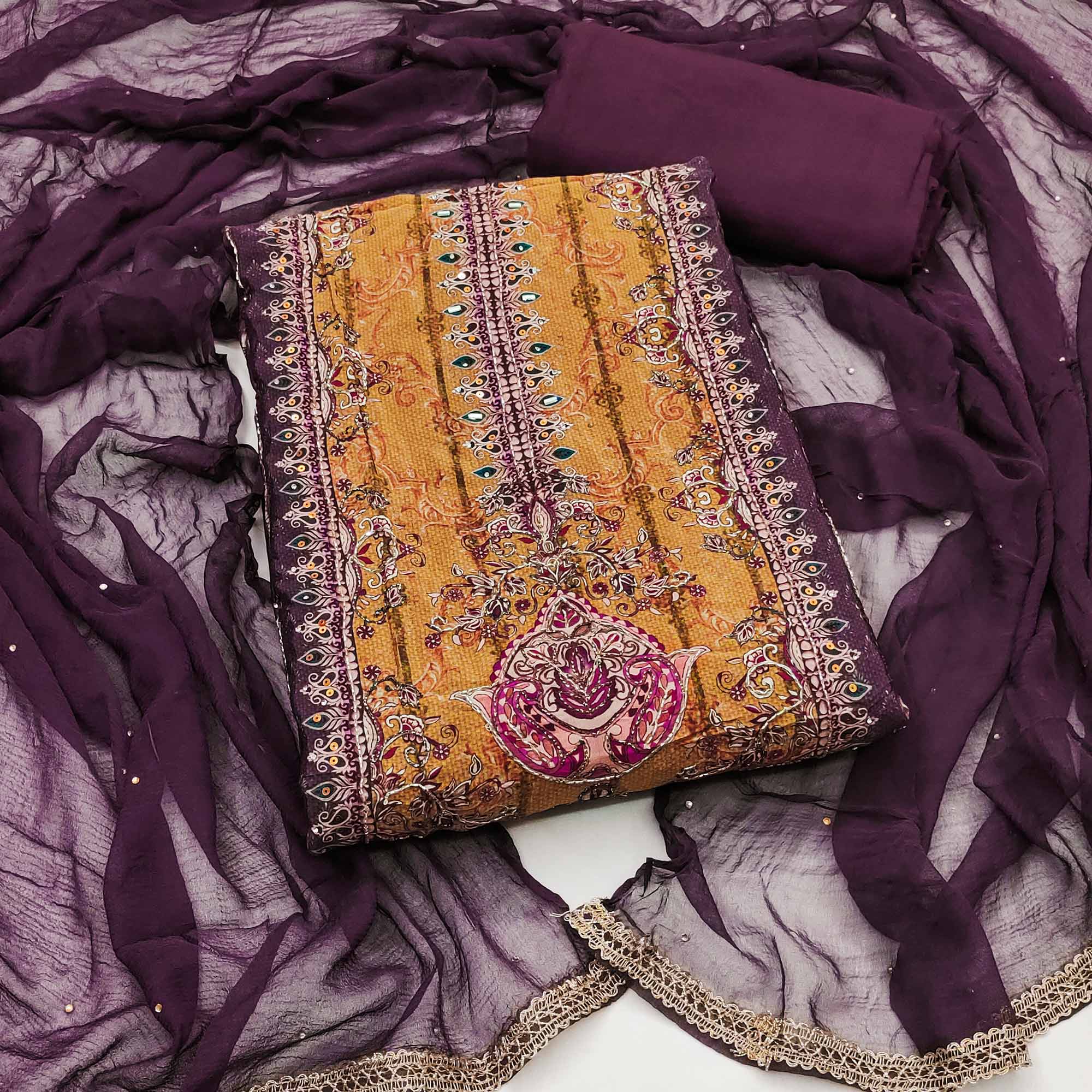 Peachmode Purple Sequins Embroidery With Printed Crepe Dress Material
