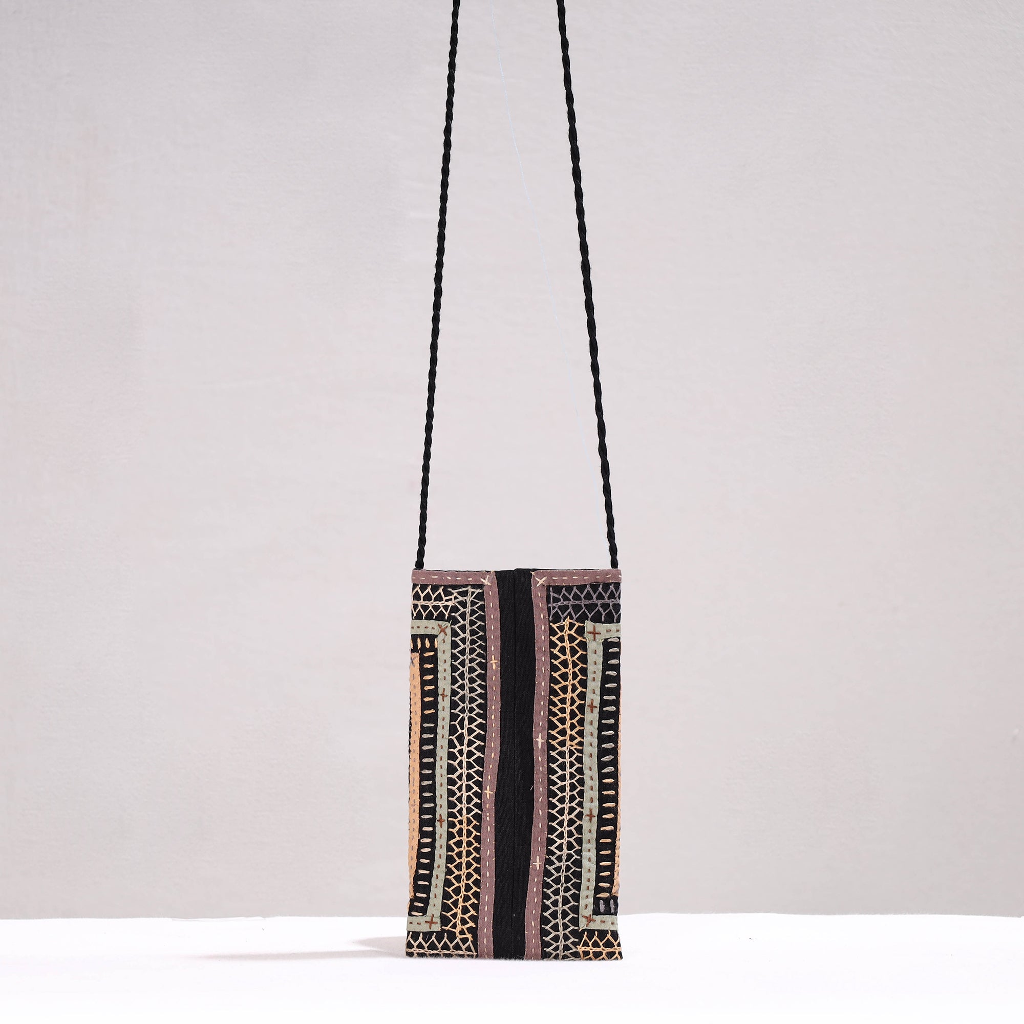 QASAB Black - Kutch Dhebariya Qatab Hand Embroidery Cotton Sling Dori Mobile Pouch - view 4