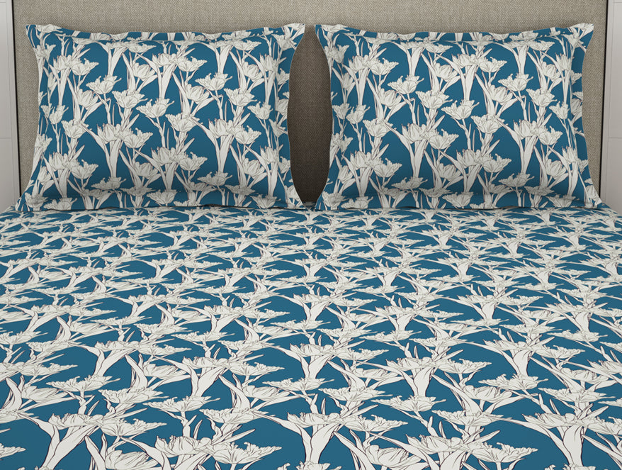Spaces India Floral Blue Sapphire - Dark Blue Microfiber Double Bedsheet - Dazzle By Welspun - view 4
