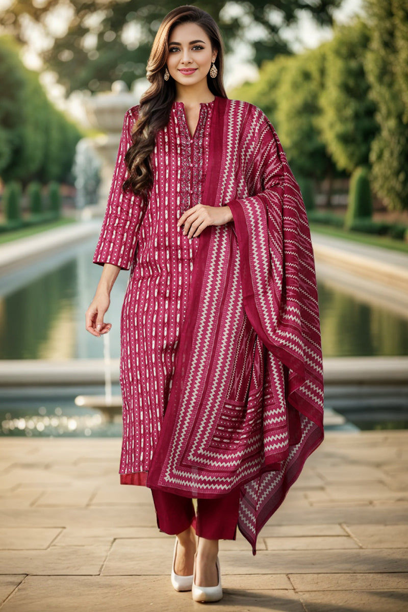 Ahika Rayon Blend Tyrian Maroon Straight Kurta Pant With Dupatta VKSKD1811