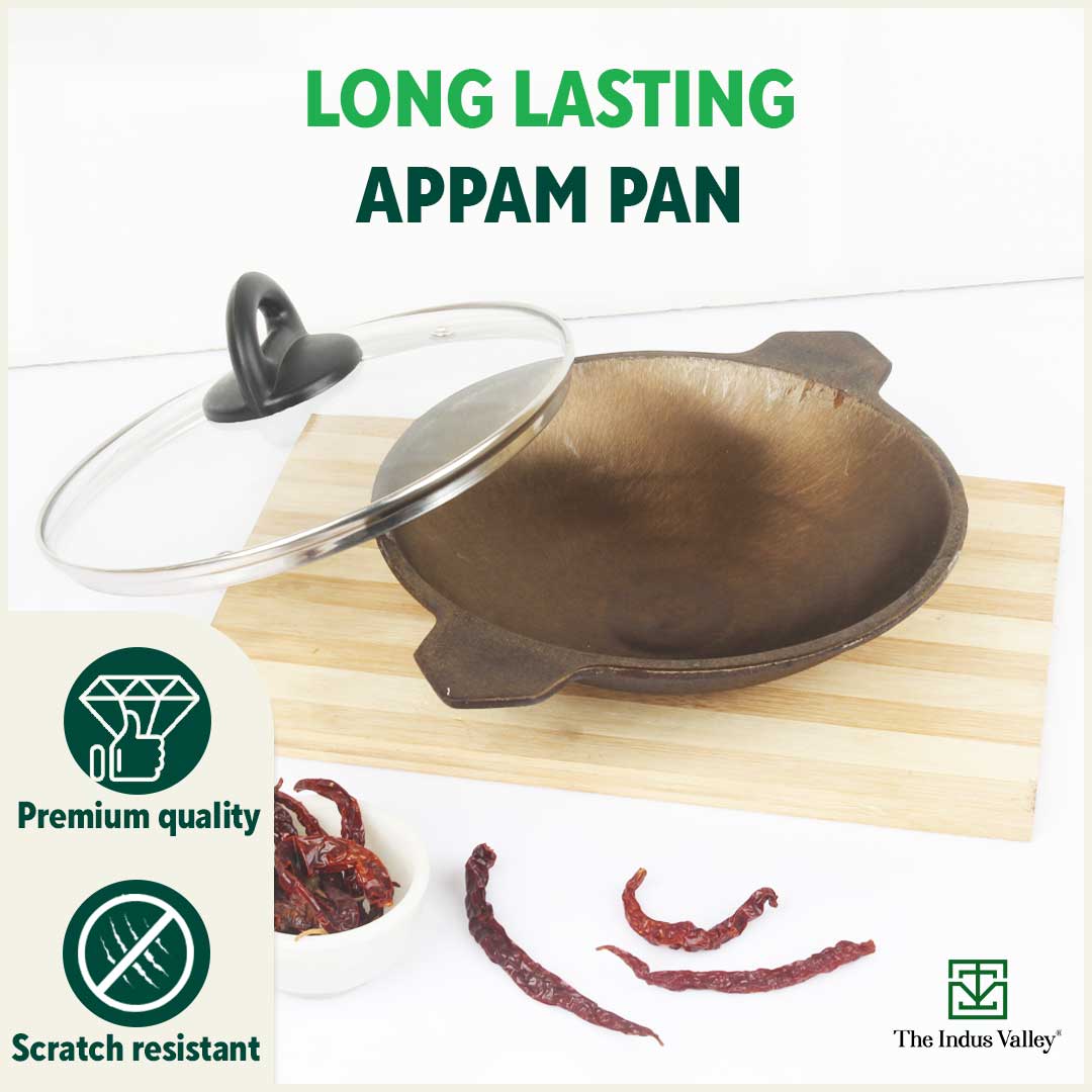 The Indus Valley Super Smooth Cast Iron Appam Pan/Appachetty, Glass Lid,Pre-seasoned, Nonstick, 100% Pure, Toxin-free, 22cm, 1.9kg - view 10