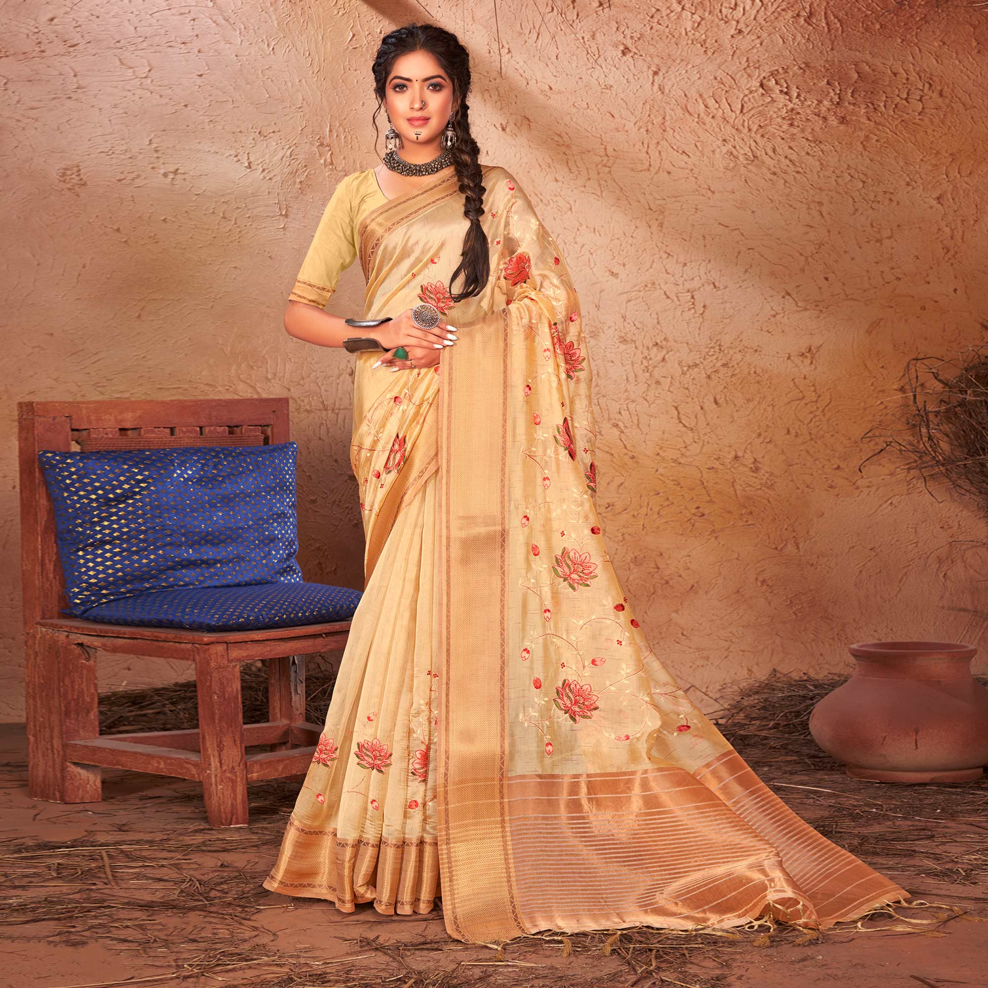 Peachmode Cream Embroidered With Woven Border Organza Saree