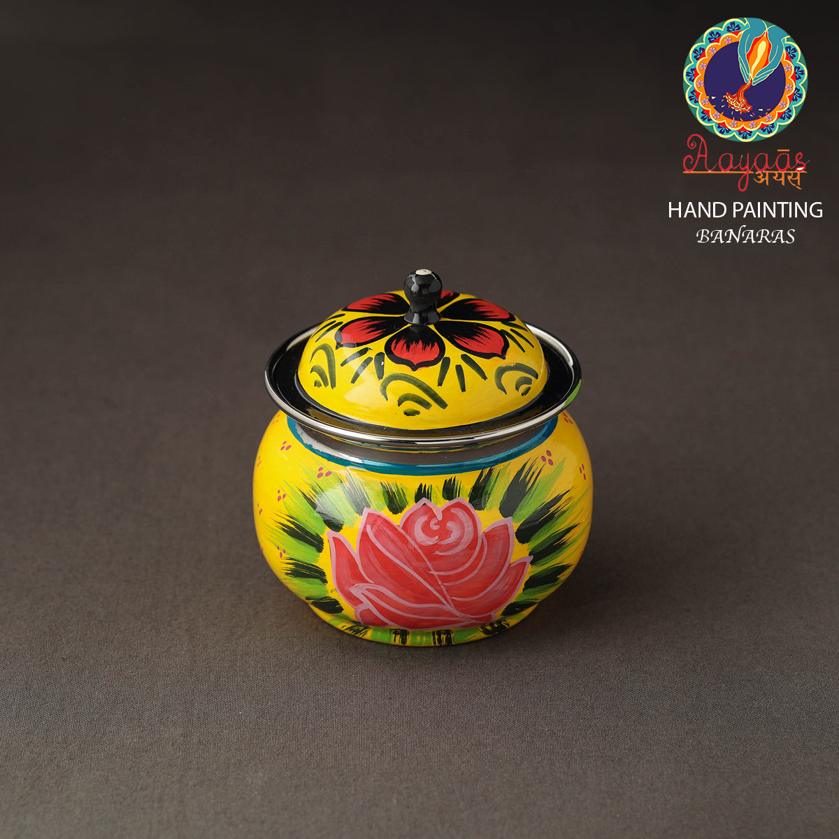 AAYAAS Banaras Handpainted Stainless Steel Small Ghee Pot with Spoon (250ml)