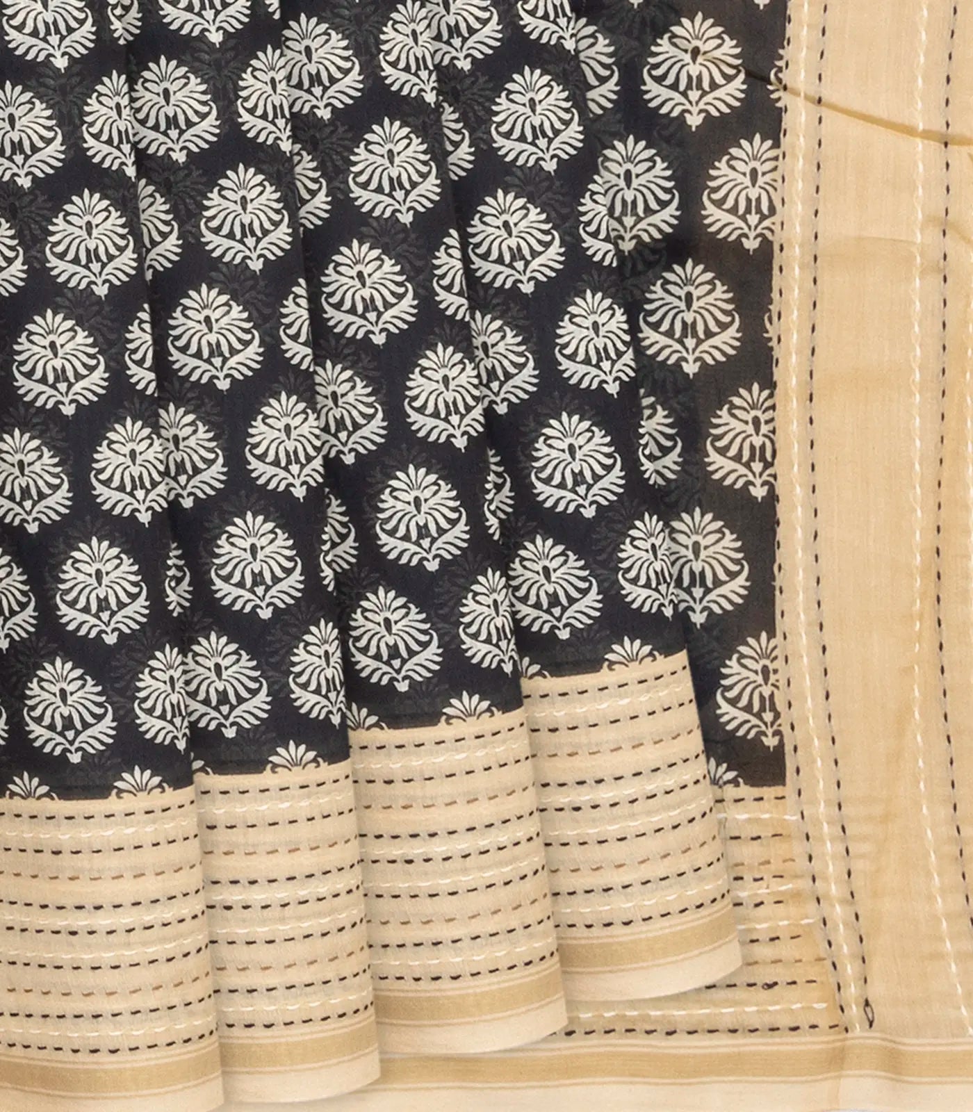 RmKV Black Handloom Chanderi Cotton Saree With Printed Floral Motifs-Black