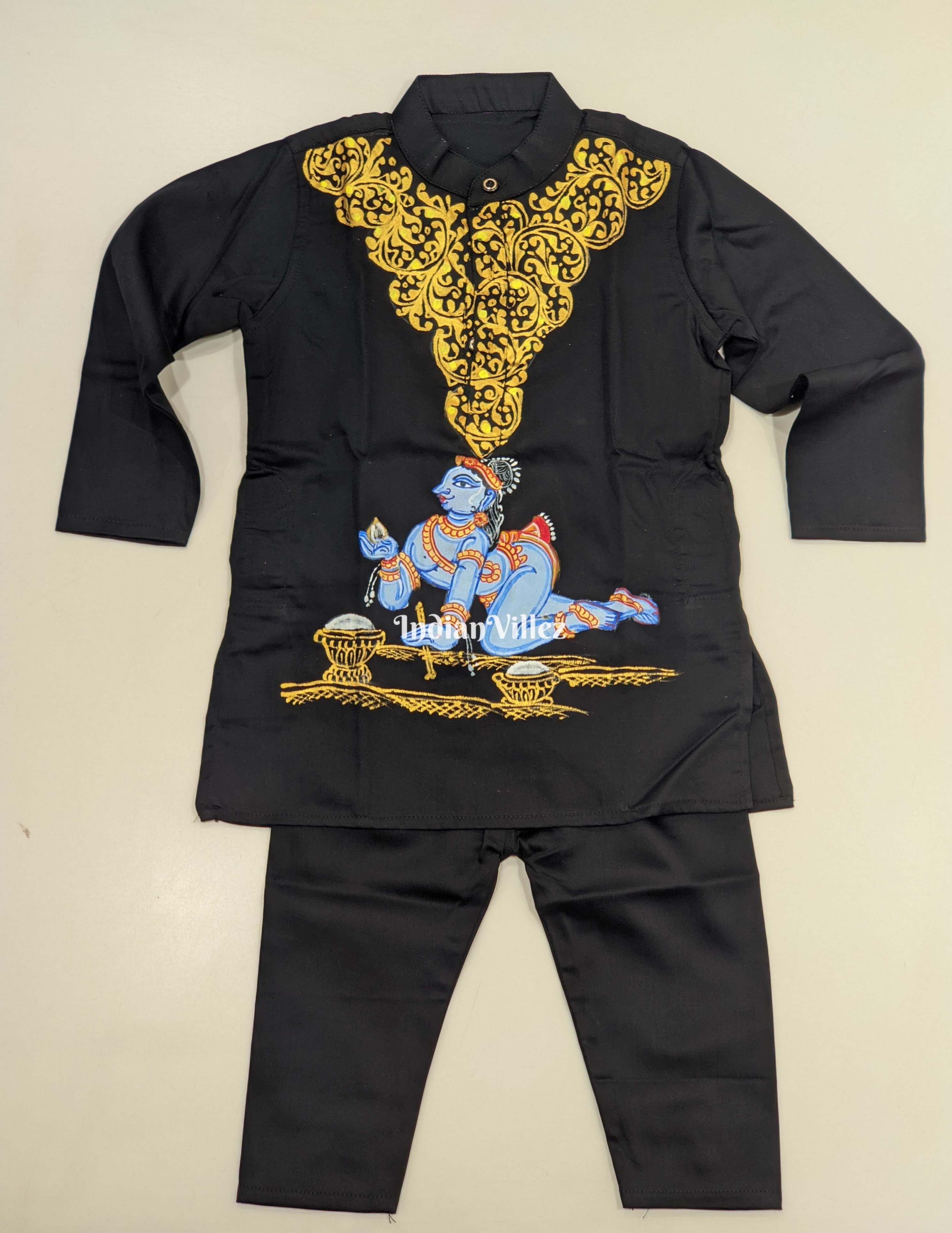 IndianVillèz Black Boys Krishna Theme Pattachitra Kids Kurta & Pyjama Set