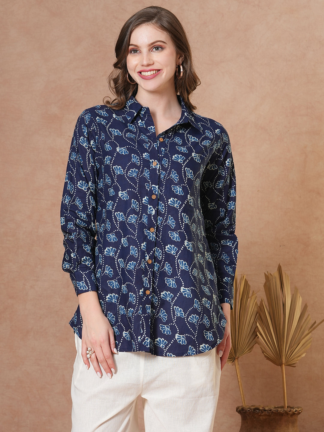 FASHOR Ethnic Floral Printed Straight Fit Shirt with Palazzo - Blue - view 3