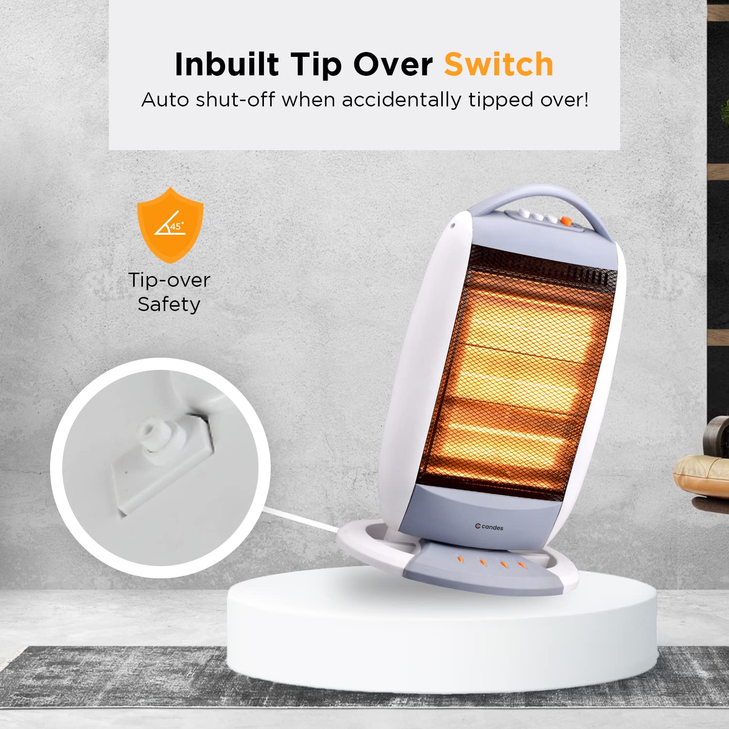 Candes New Infra3 1200 Watt Noiseless Portable Halogen Room Heater with Auto Moving Feature upto 180 degree ABS Body 3 Stage Heating Controller Overhe - view 7