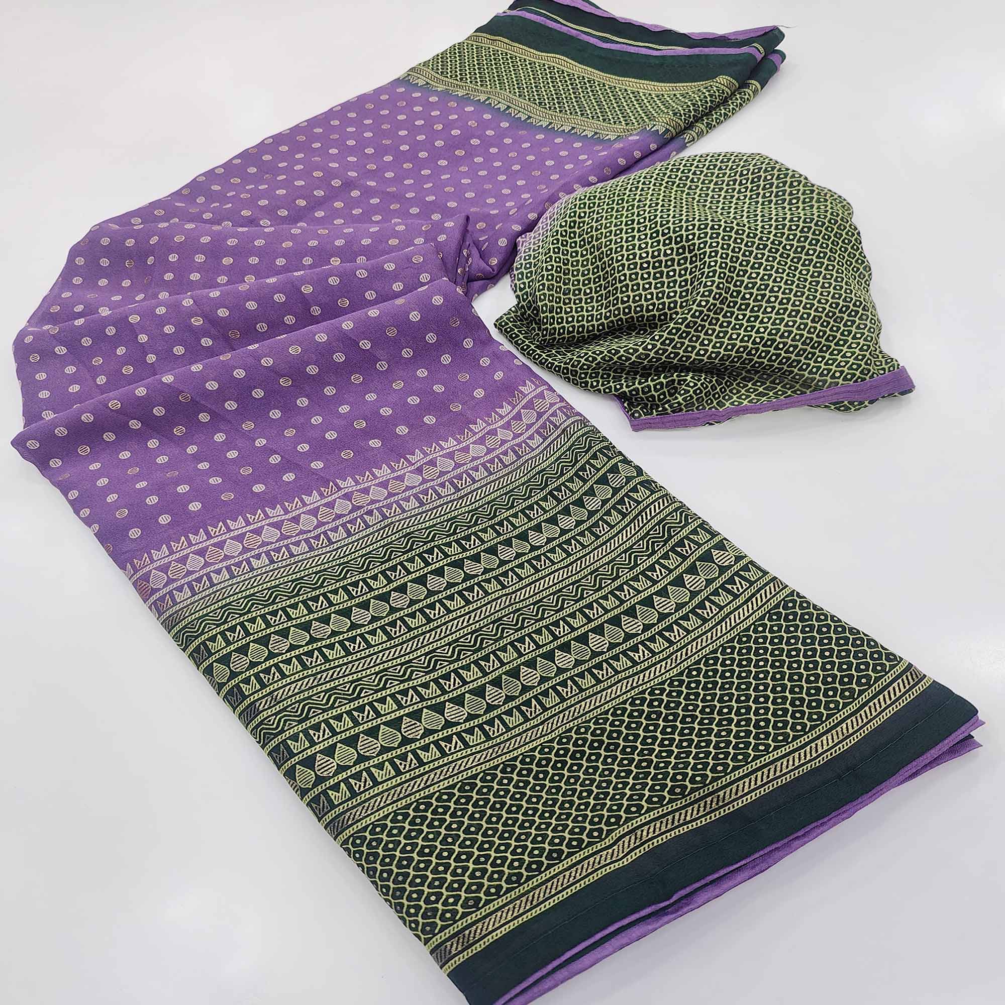 Peachmode Light Purple Foil Printed Georgette Saree