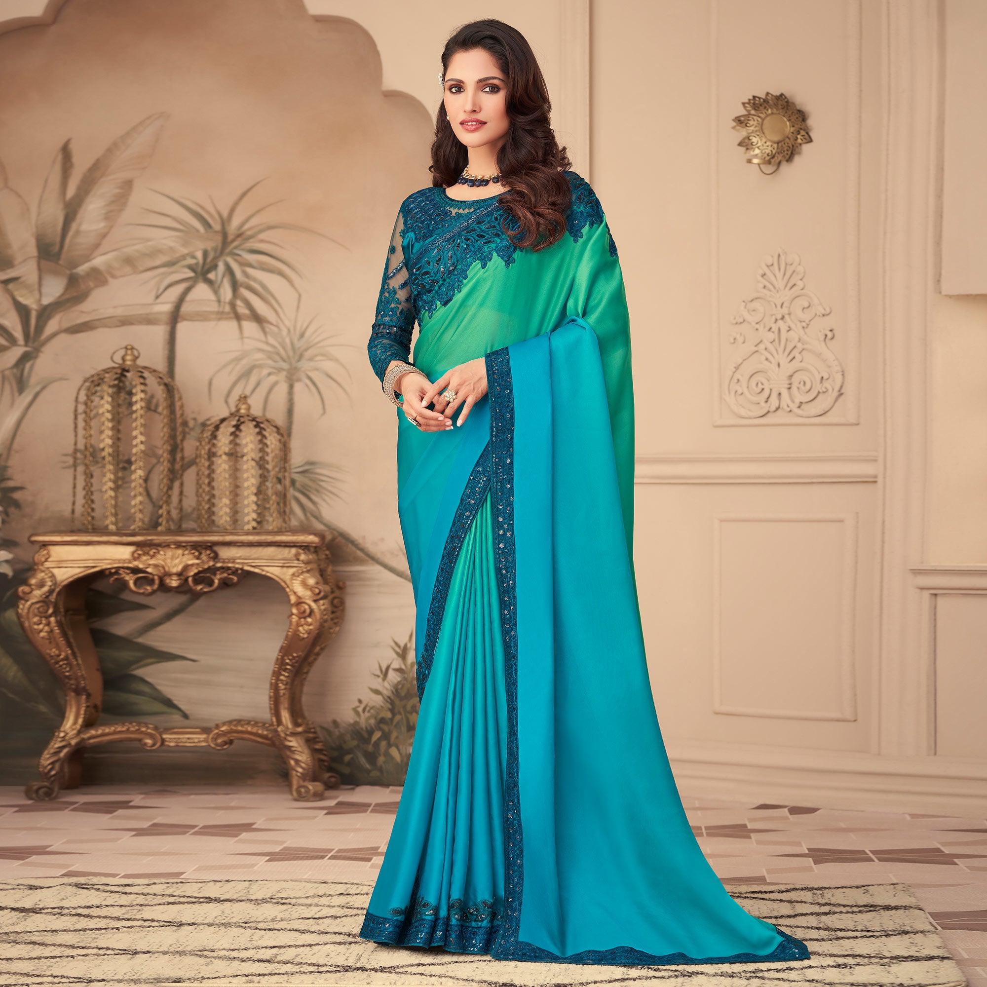 Peachmode Light Blue & Pista Green Floral Sequins Embroidered Art Silk Saree - view 2
