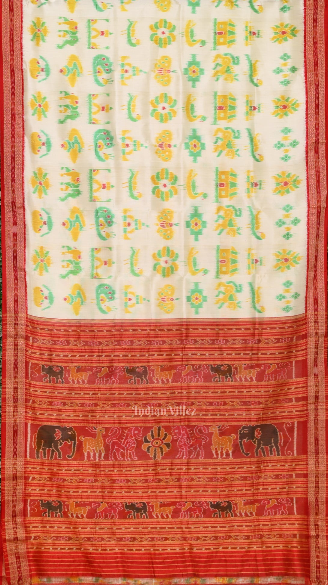 IndianVillèz White Red Nabarangi Nabakothi Odisha Ikat Khandua Silk Saree