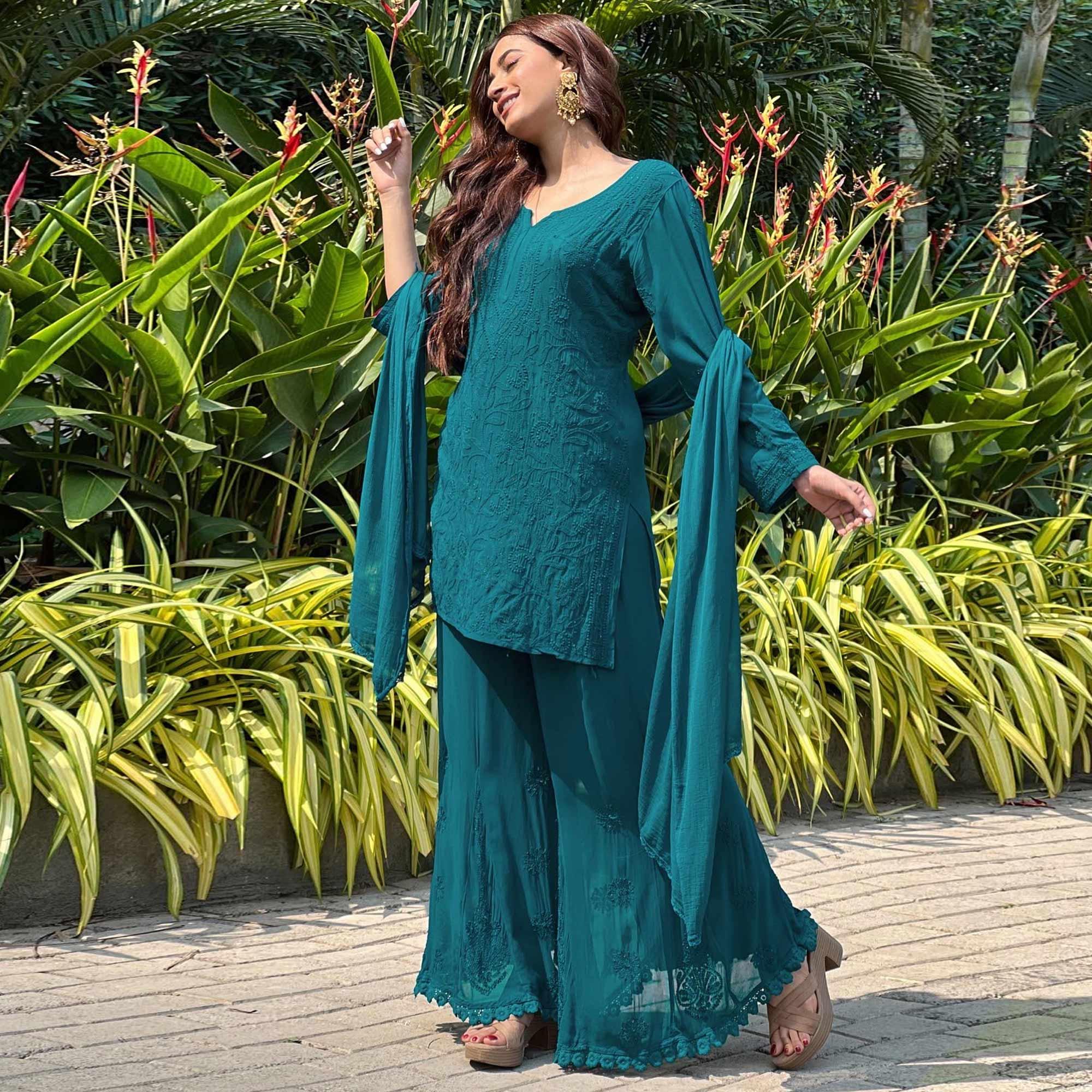 BlackTree green-floral-lucknowi-embroidered-georgette-sharara-suit - view 2