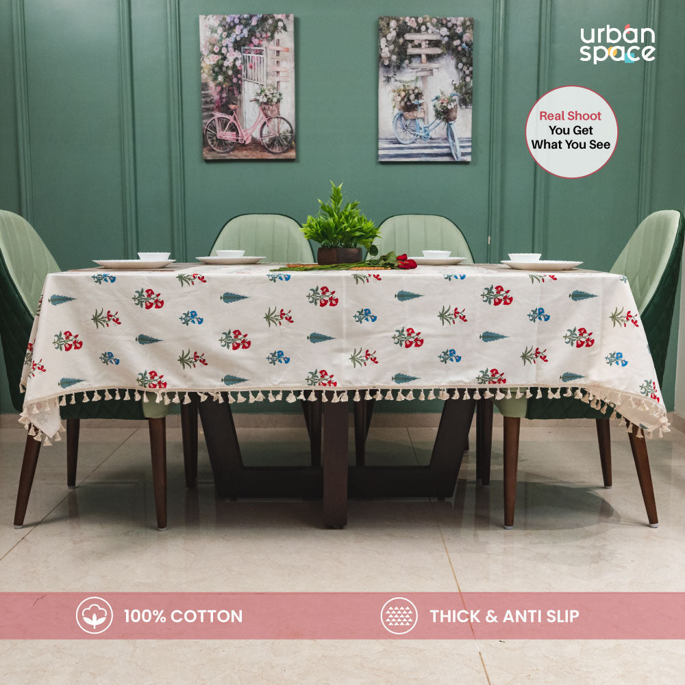 Urban Space Home Furnishing 100% Cotton Dining Table Cover, Printed Cotton Table Cloth with Boho Tassels - High Garden Red - view 2