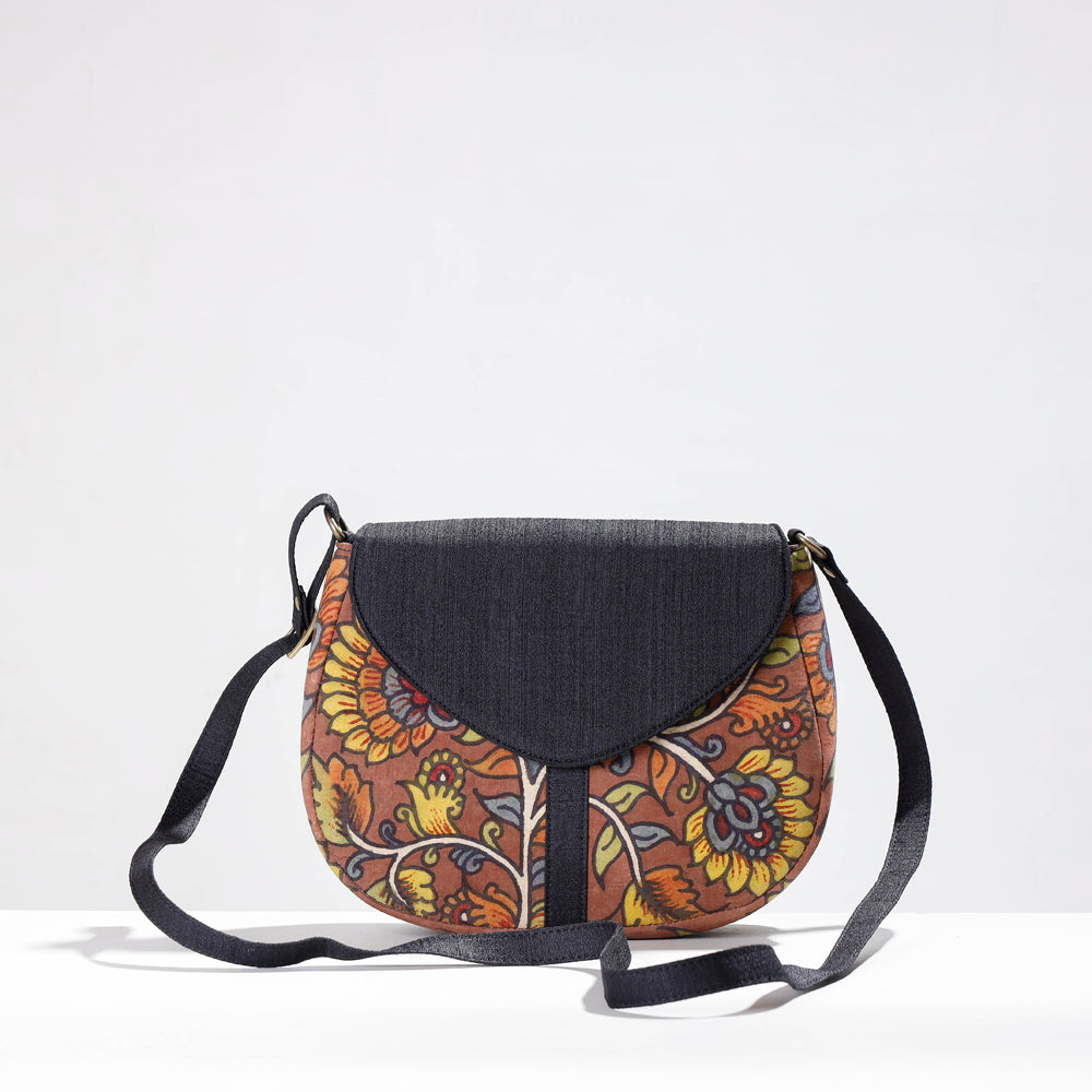 DWARAKA PLUS Black - Sling Bag - Handpainted Kalamkari Natural Dyed Ghicha Silk