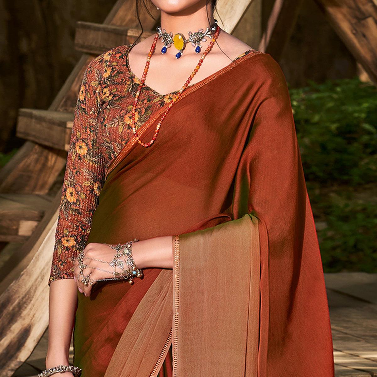 Peachmode Brown Solid Chiffon Saree – Women's - view 2