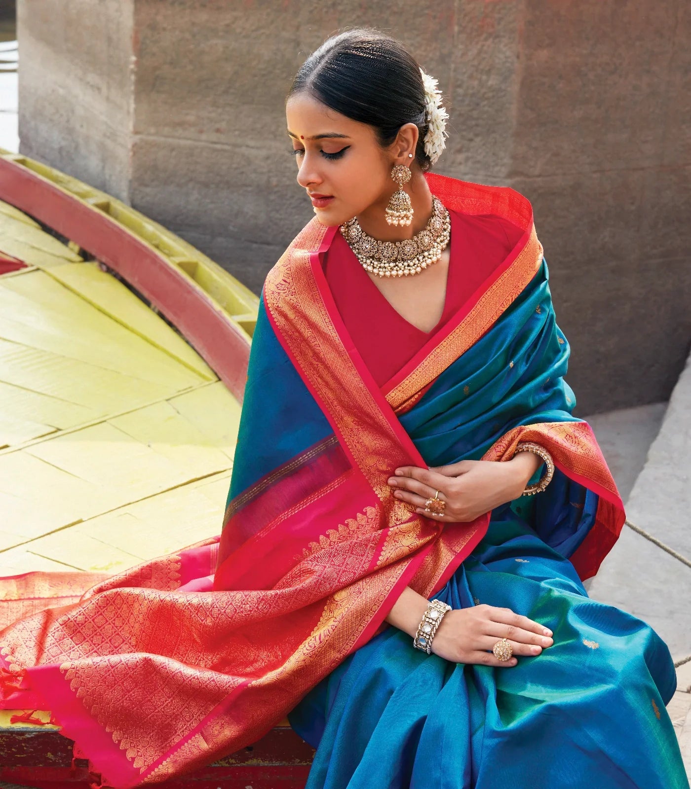 RmKV Silks Blue Handloom Kanchipuram Korvai Silk Saree With Mango Buttas - view 2