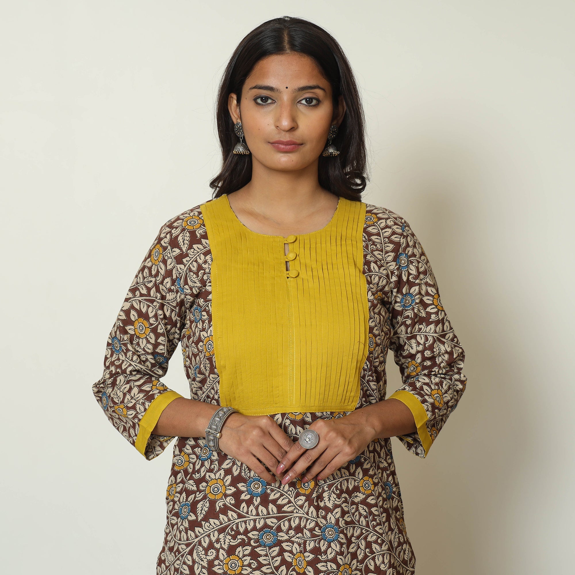 ITOKRI CASUALS Brown - Kalamkari Printed Cotton Pintuck Long Straight Kurta 68