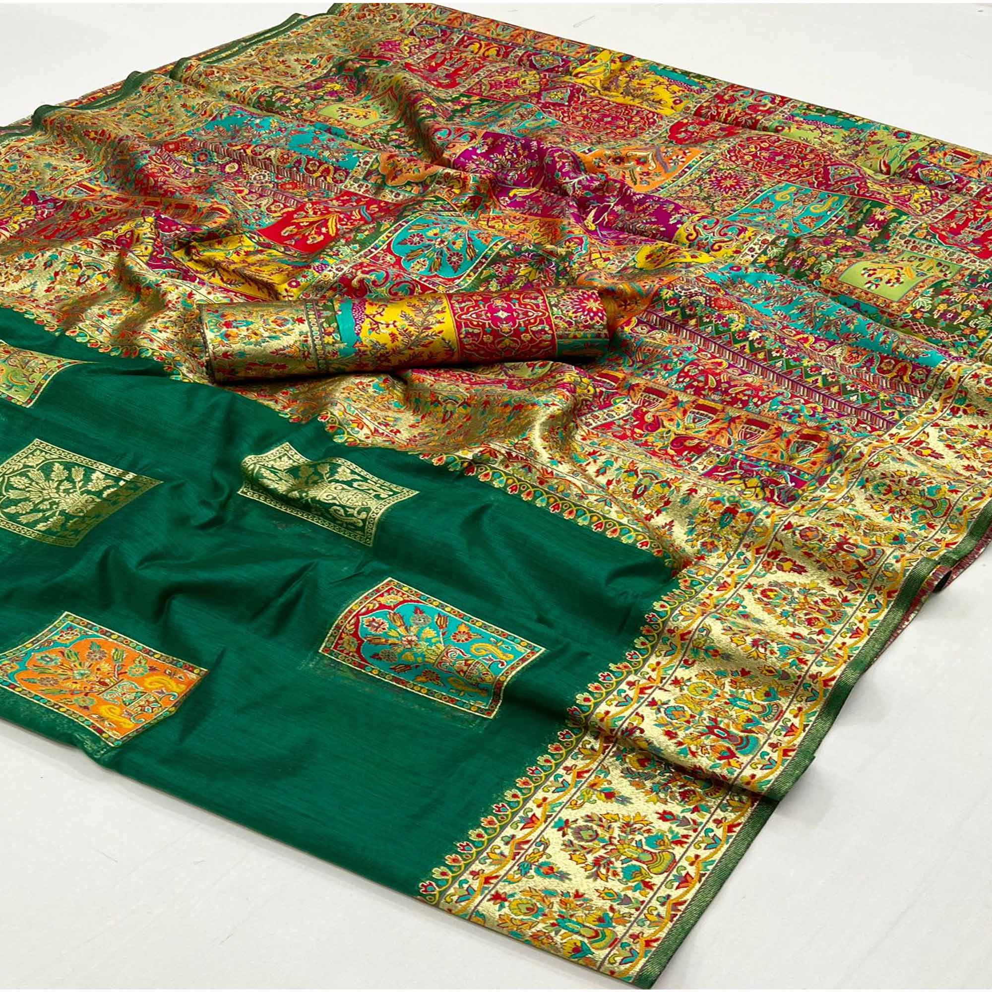 Peachmode Dark Green Floral Embroidered Woven Chanderi Silk Saree