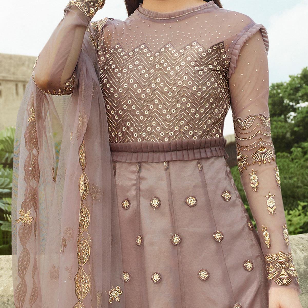 Peachmode Jazzy Mauve Coloured Partywear Embroidered Net Anarkali Suit - view 4