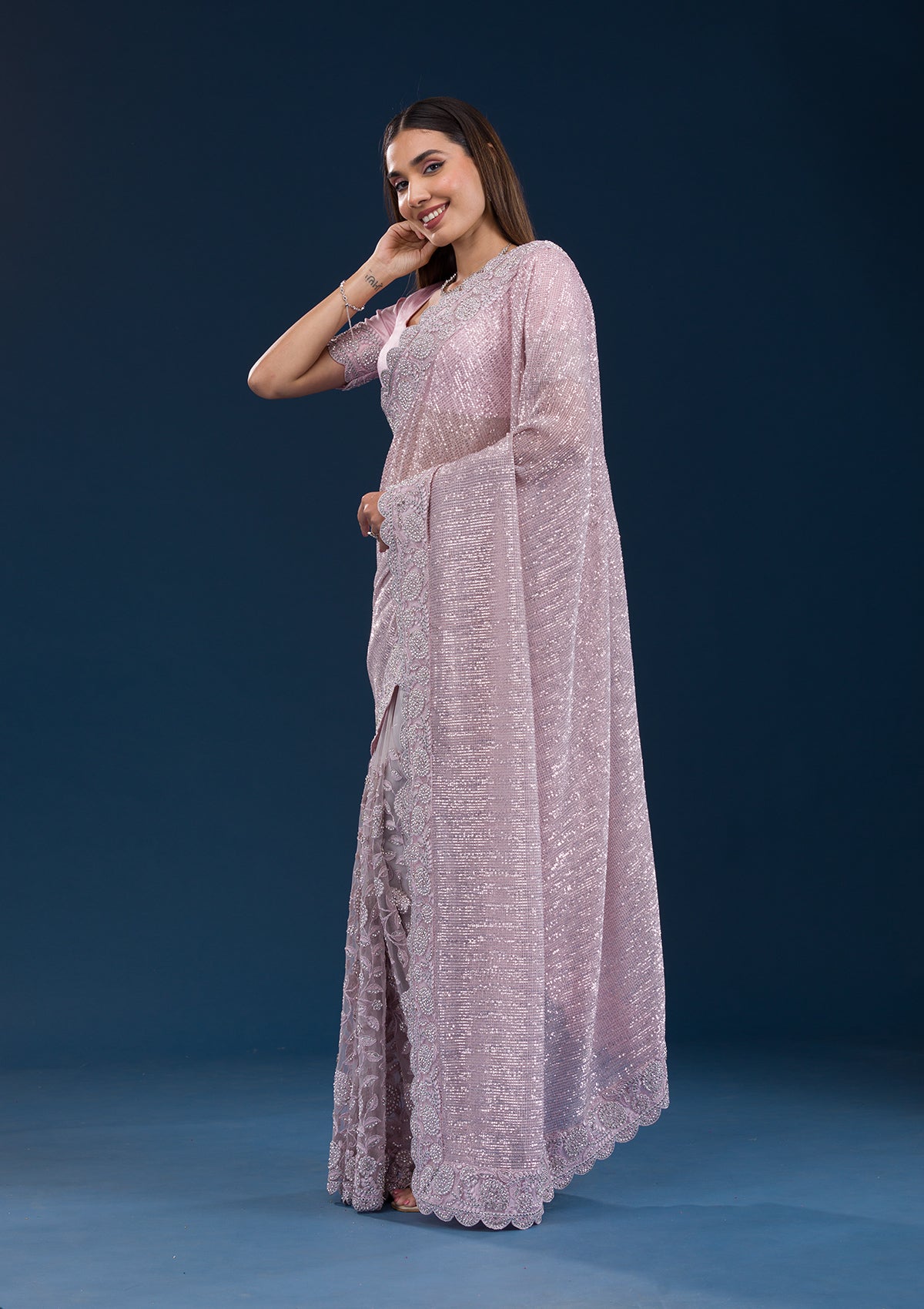 Koskii Baby Pink Threadwork Net Saree – Women's - view 4