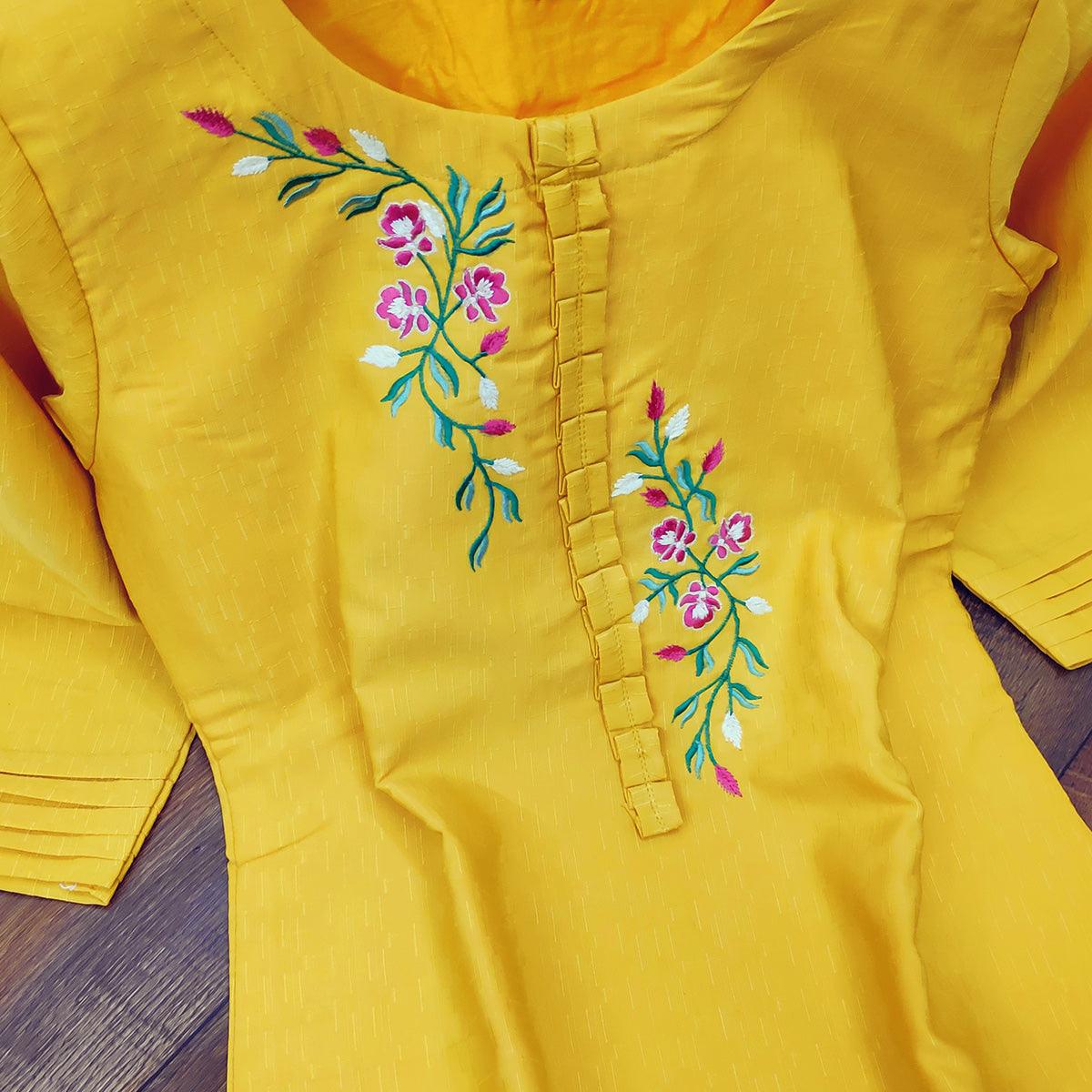 Peachmode Seller Classy Yellow Colored Party Wear Embroidered Cotton Kurti - view 2