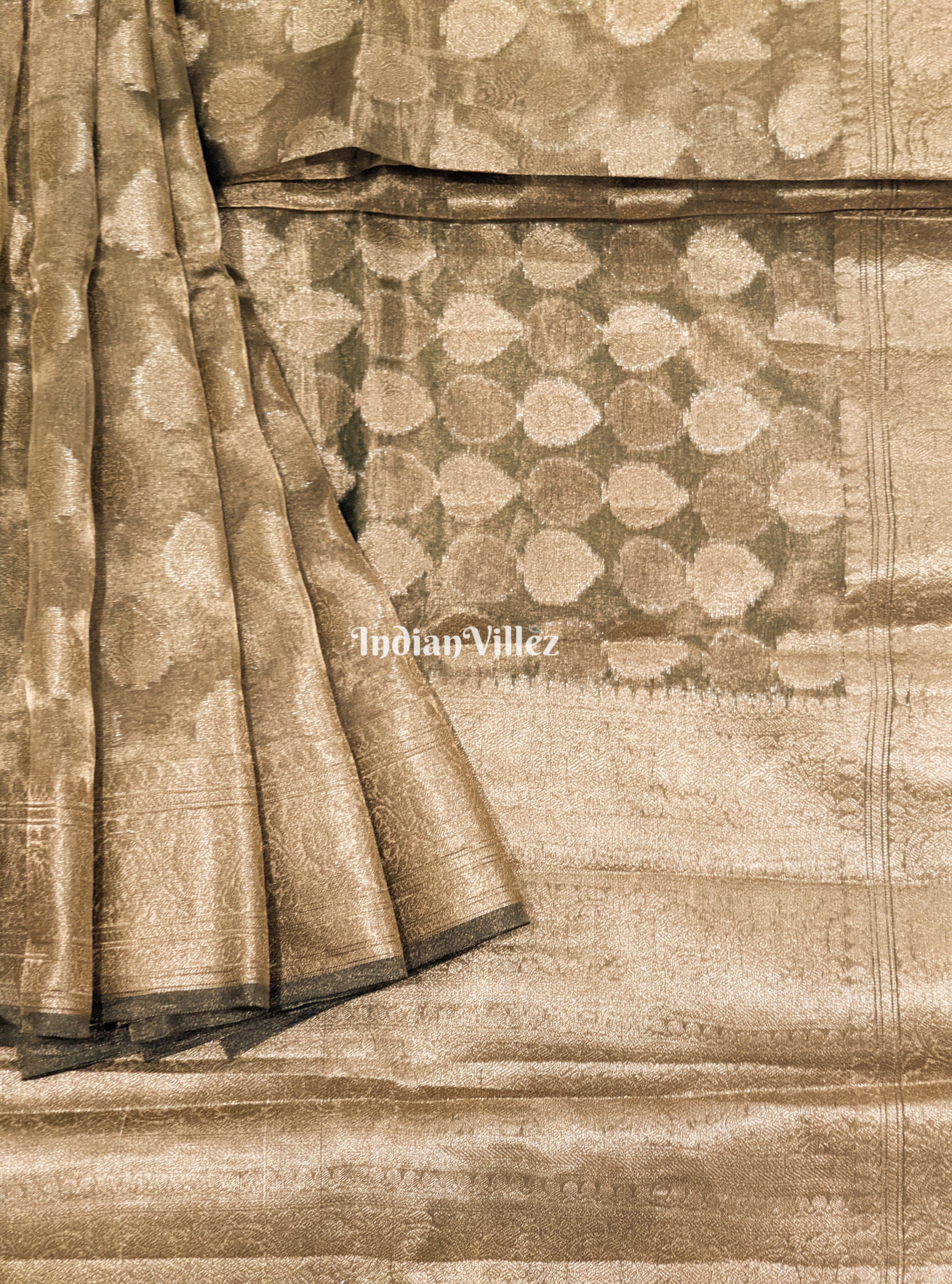 IndianVillèz Army Green Zari Woven Banarasi Tissue Saree