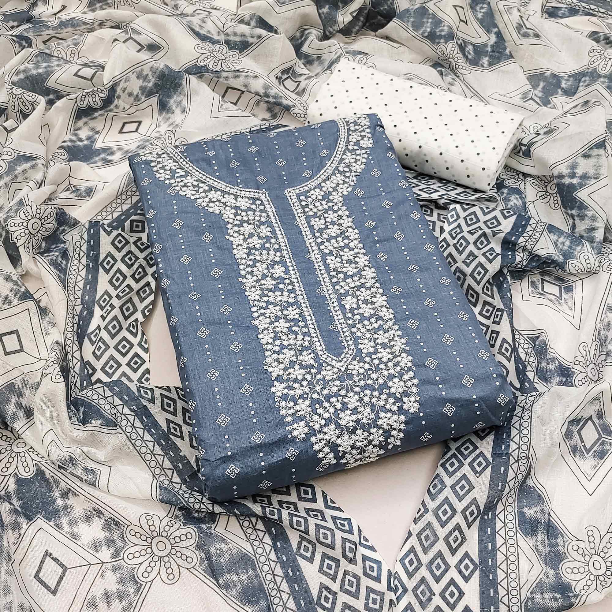 Peachmode Grey Printed With Embroidered Pure Cotton Dress Material