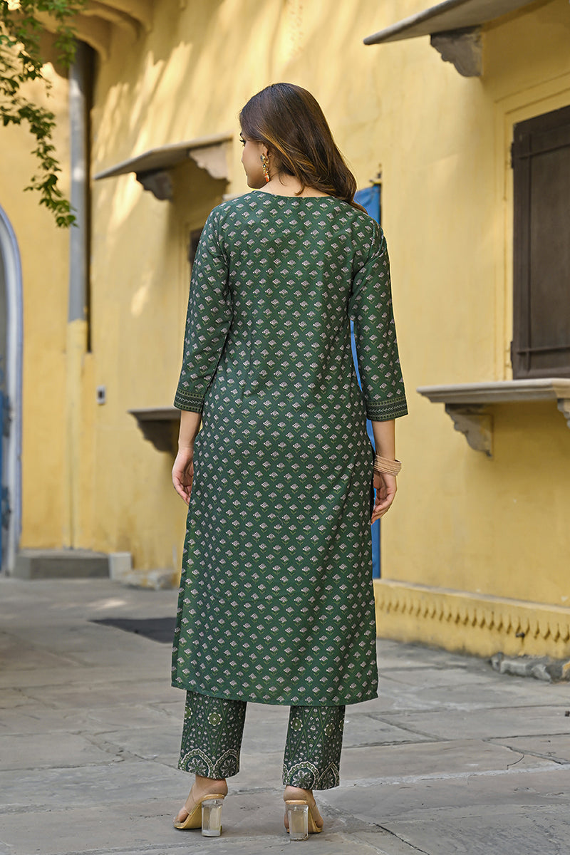 Ahika Green Cotton Blend Floral Printed Straight Suit Set VKSKD2298 - view 5