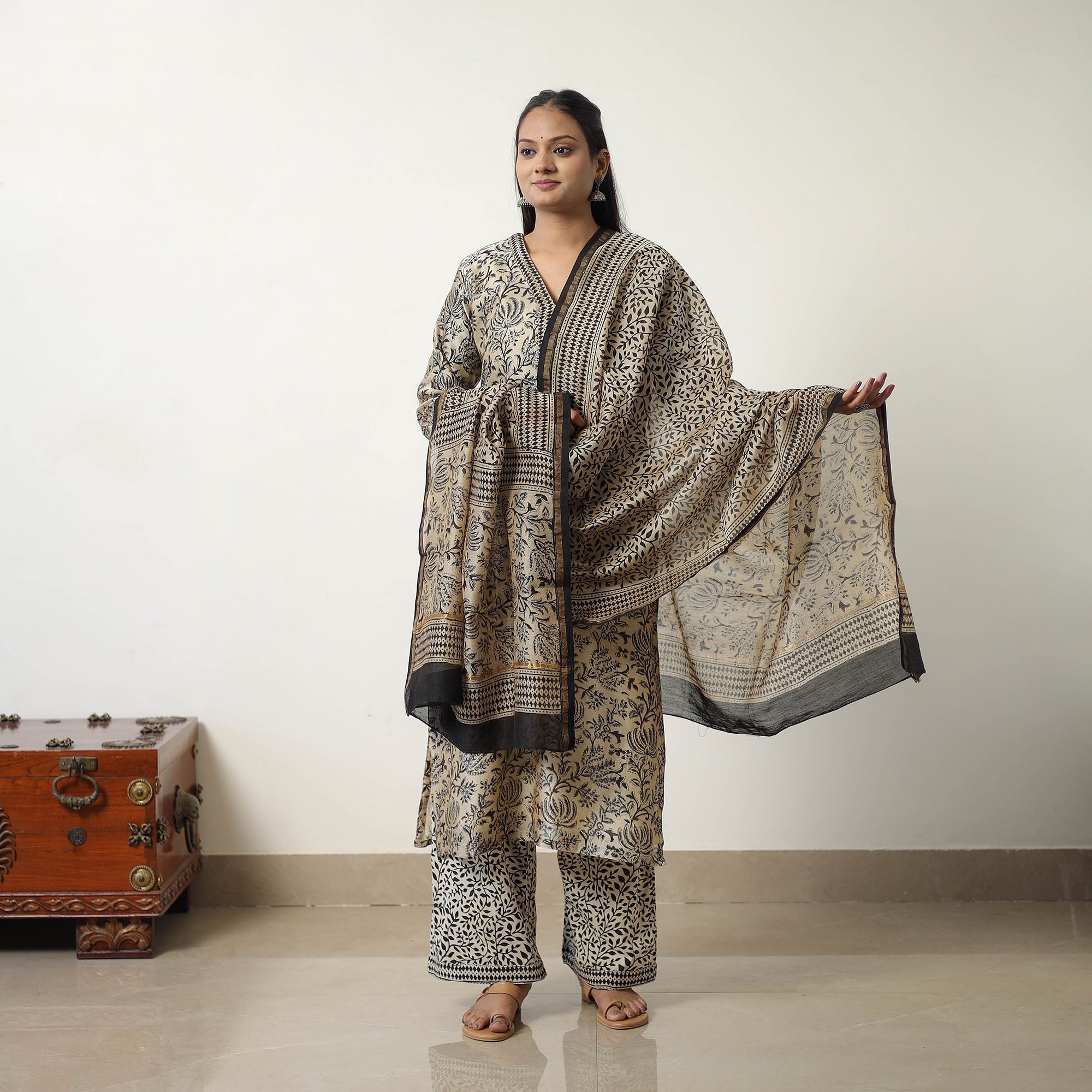 ITOKRI CASUALS Beige - Chanderi Silk Hand Block Bagru Print Kurta Set 05 - view 2