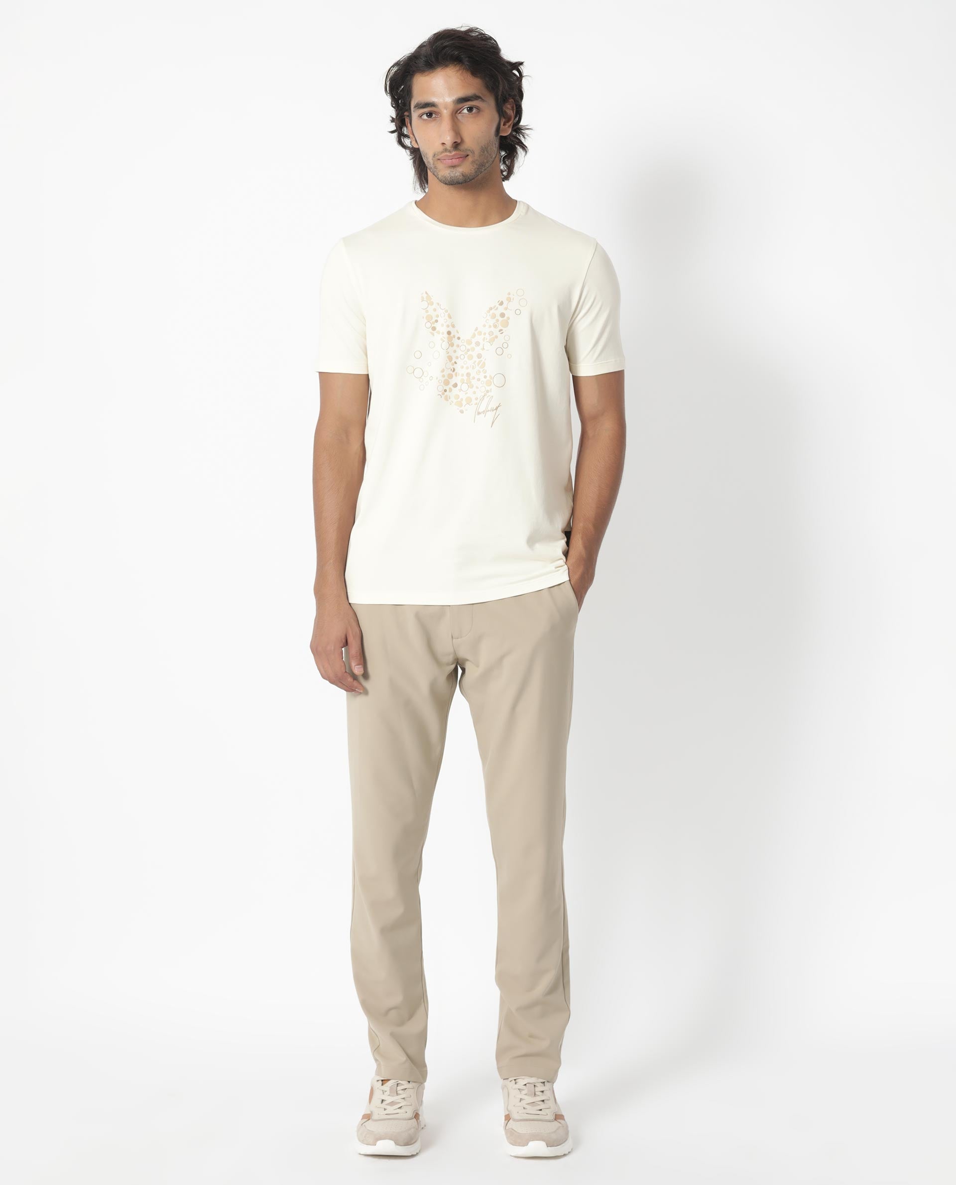 Rare Rabbit Men's Kerwin Beige Crew Neck HD Print Logo on Chest Half Sleeves Regular Fit T-Shirt - view 2
