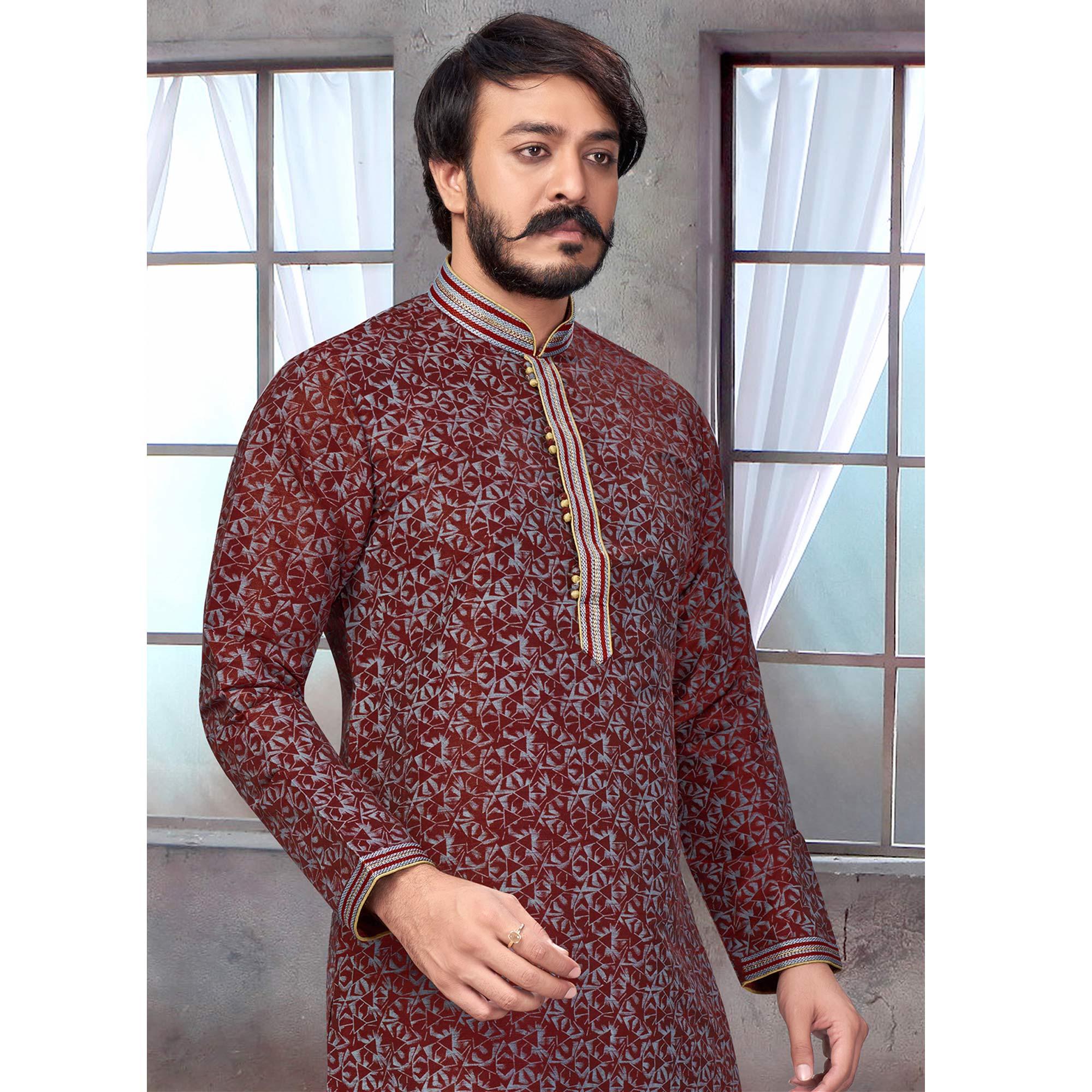 Peachmode Seller Maroon Printed Jacquard Kurta Pyjama Set - view 4