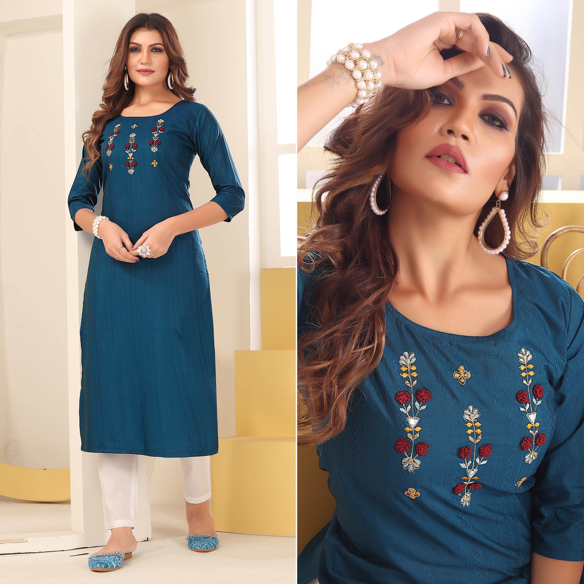 Peachmode Seller Morpich Floral Embroidered Art Silk Kurti