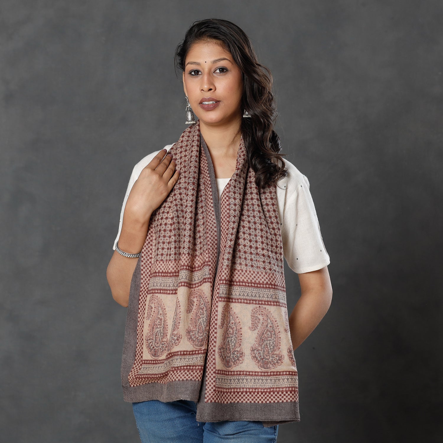 BAGH PRINTS BY MOHAMMED BILAL KHATRI Brown - Bagh Block Printed Natural Dyed Woolen Muffler (61 in)