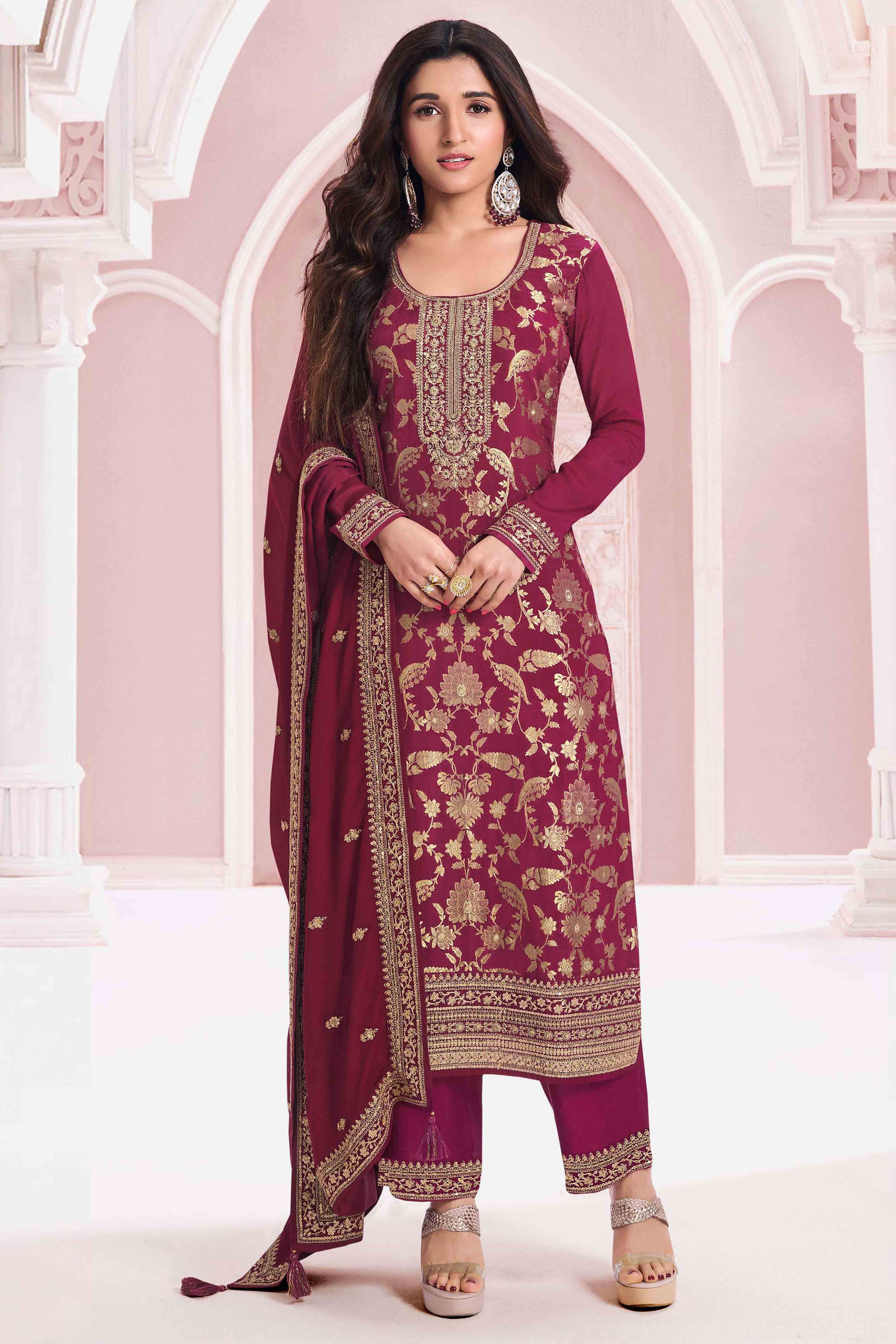Peachmode Dark Magenta Floral Embroidered Jacquard Viscose Semi Stitched Suit