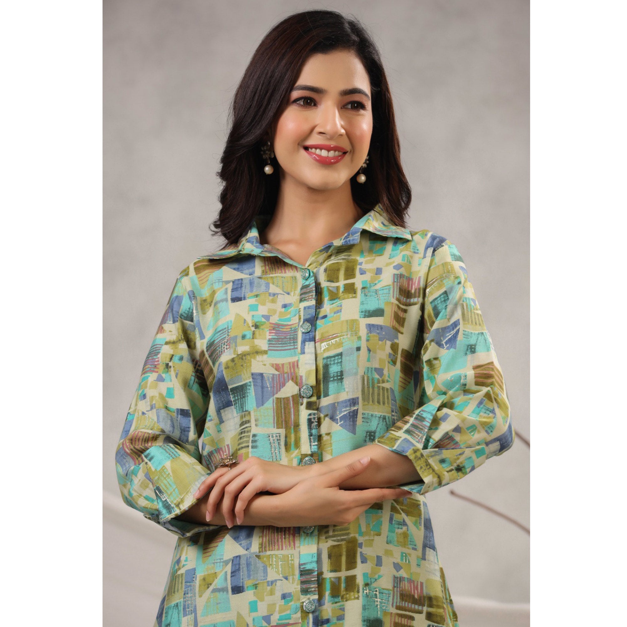 BlackTree green-geometric-printed-muslin-co-ord-set - view 8