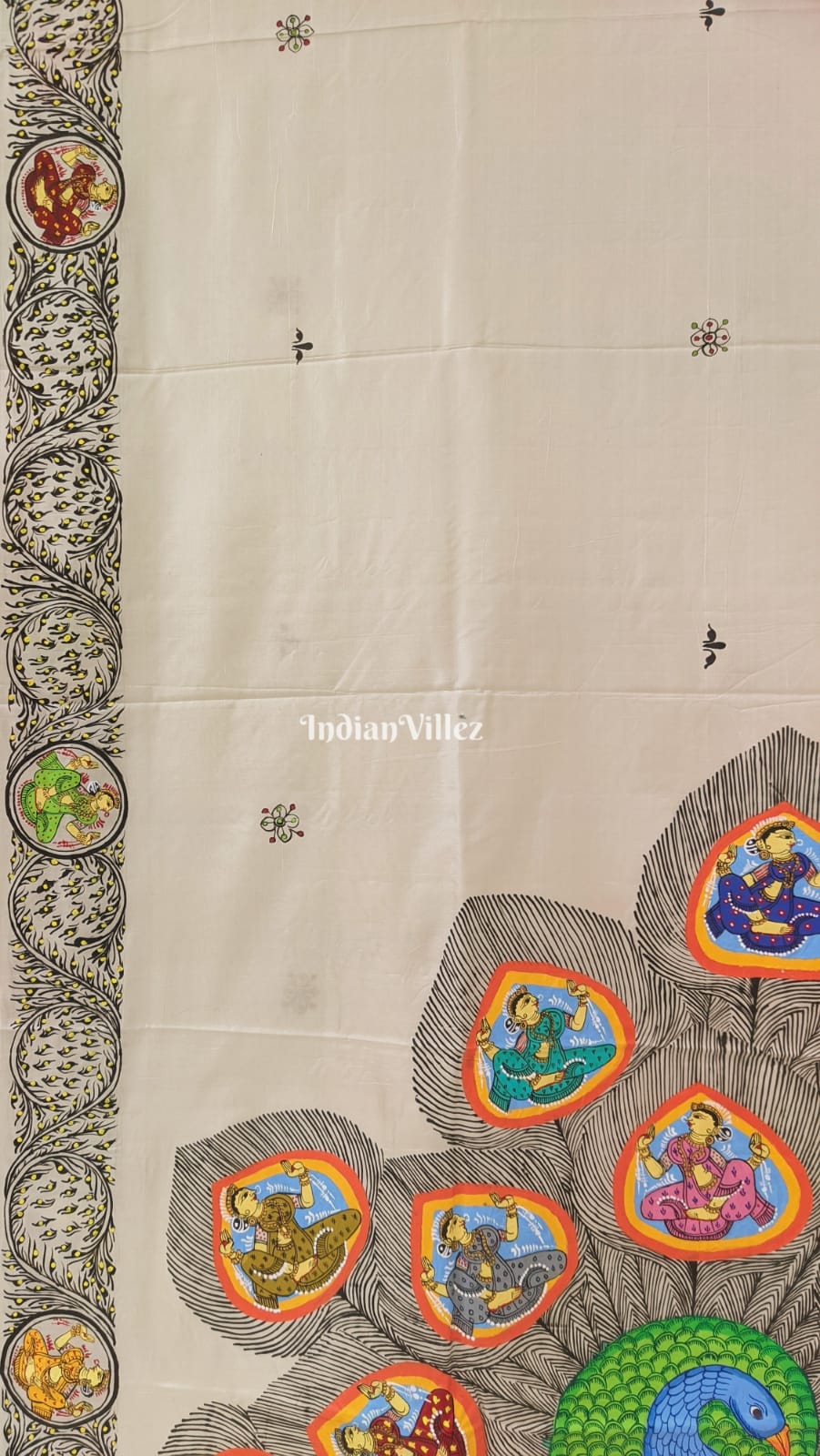 IndianVillèz Off White PEACOCK (Mayur) & Nartaki Theme Pattachitra Silk Saree - view 3