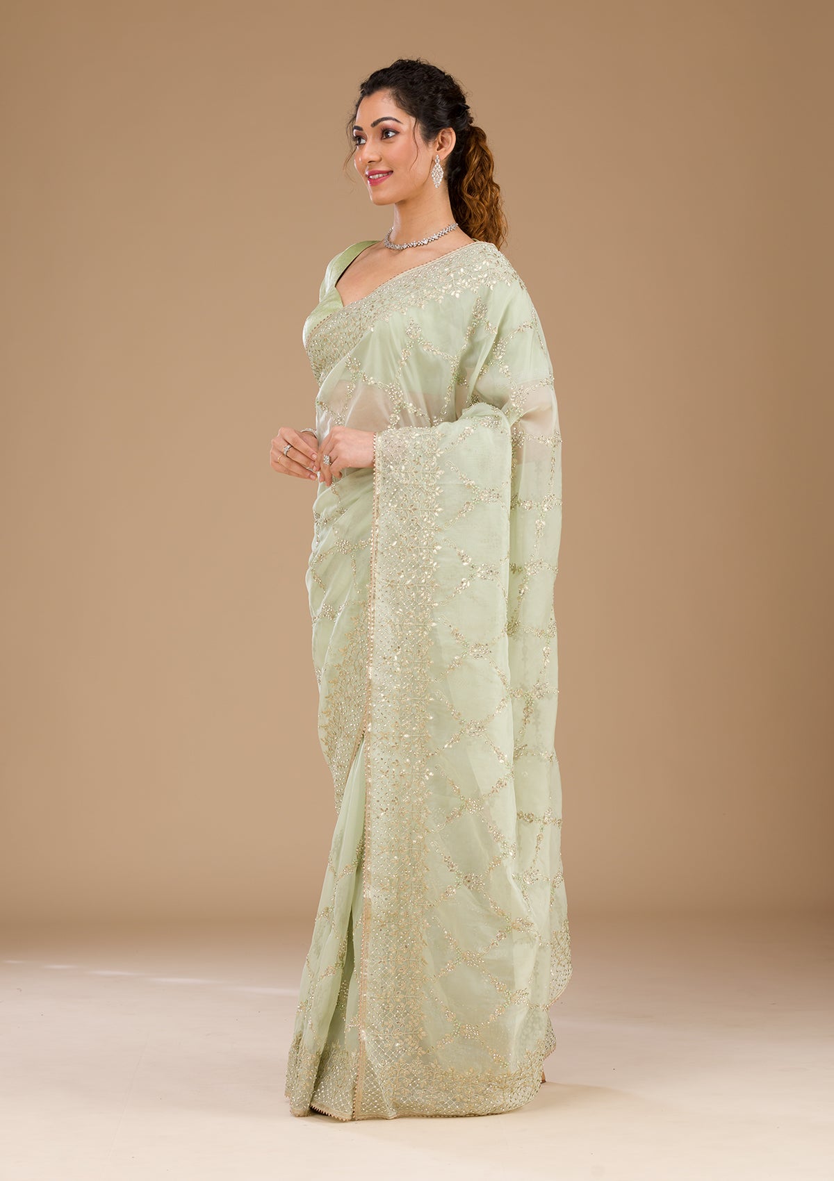 Koskii Pista Green Gotapatti Tissue Saree – Women's - view 4