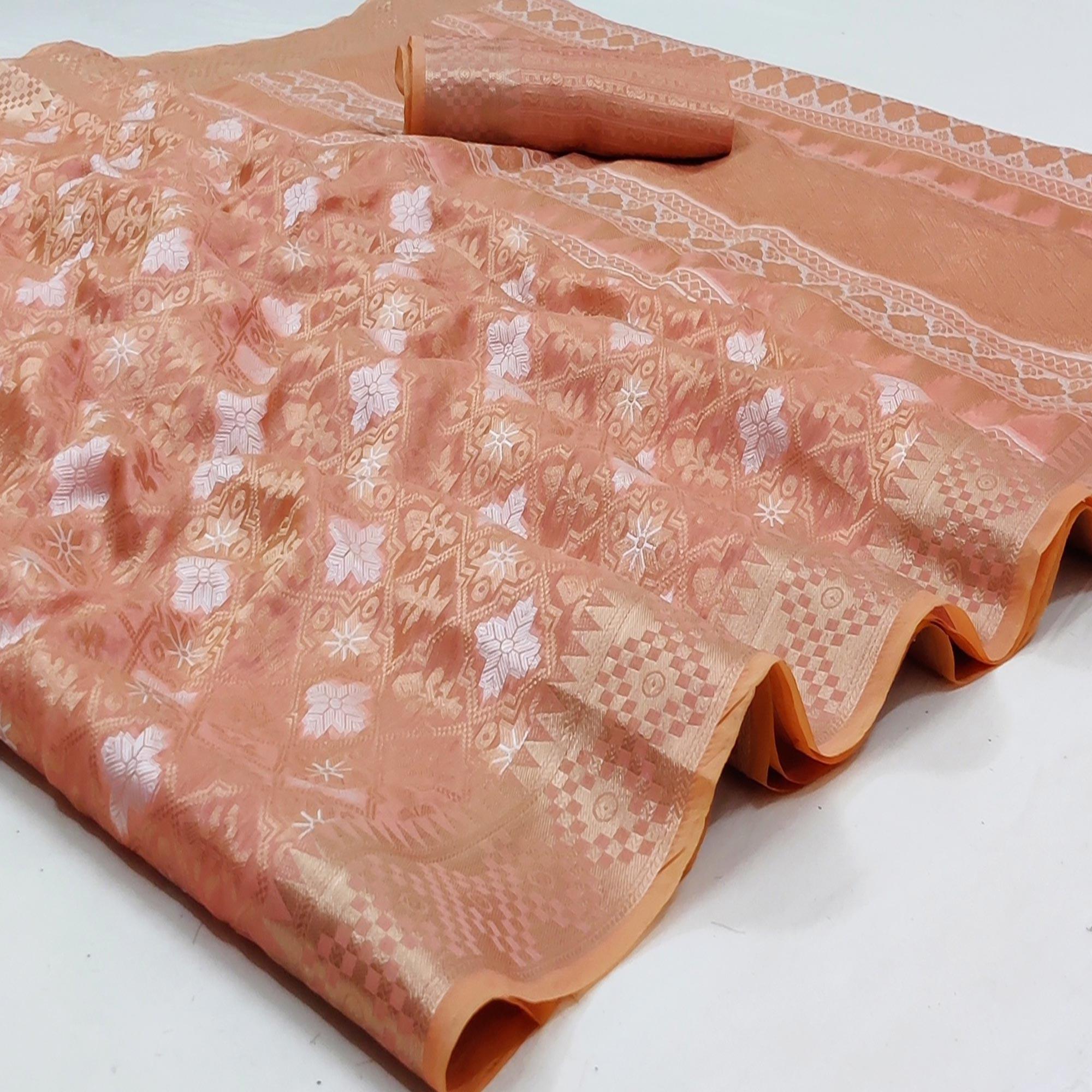 Peachmode Dark Peach Festive Wear Woven Art Silk Saree