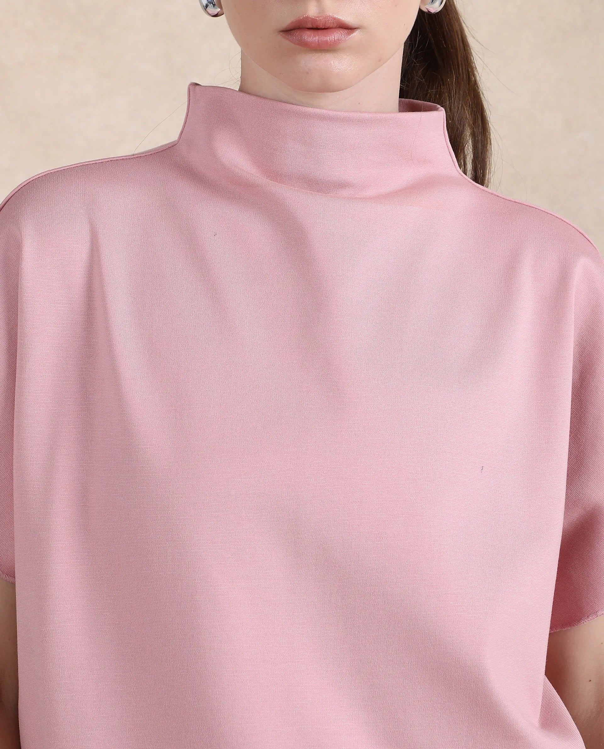 Rareism Women Worknet Pink Cotton Viscose Fabric Extended Sleeves High Neck Relaxed Fit Plain Top - view 2