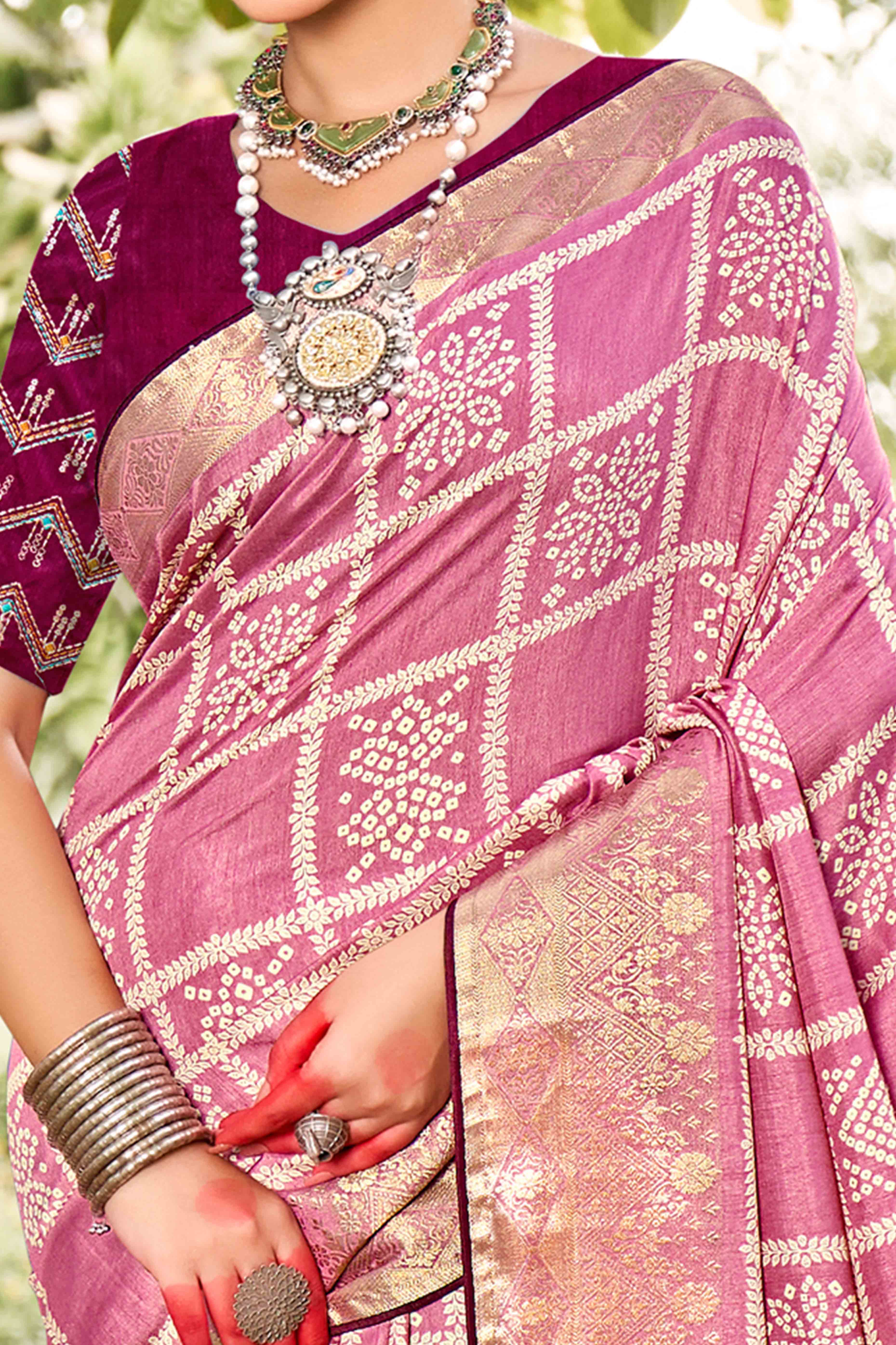 Peachmode Light Pink Bandhani Printed Dola Silk Saree With Jacquard Border - view 2