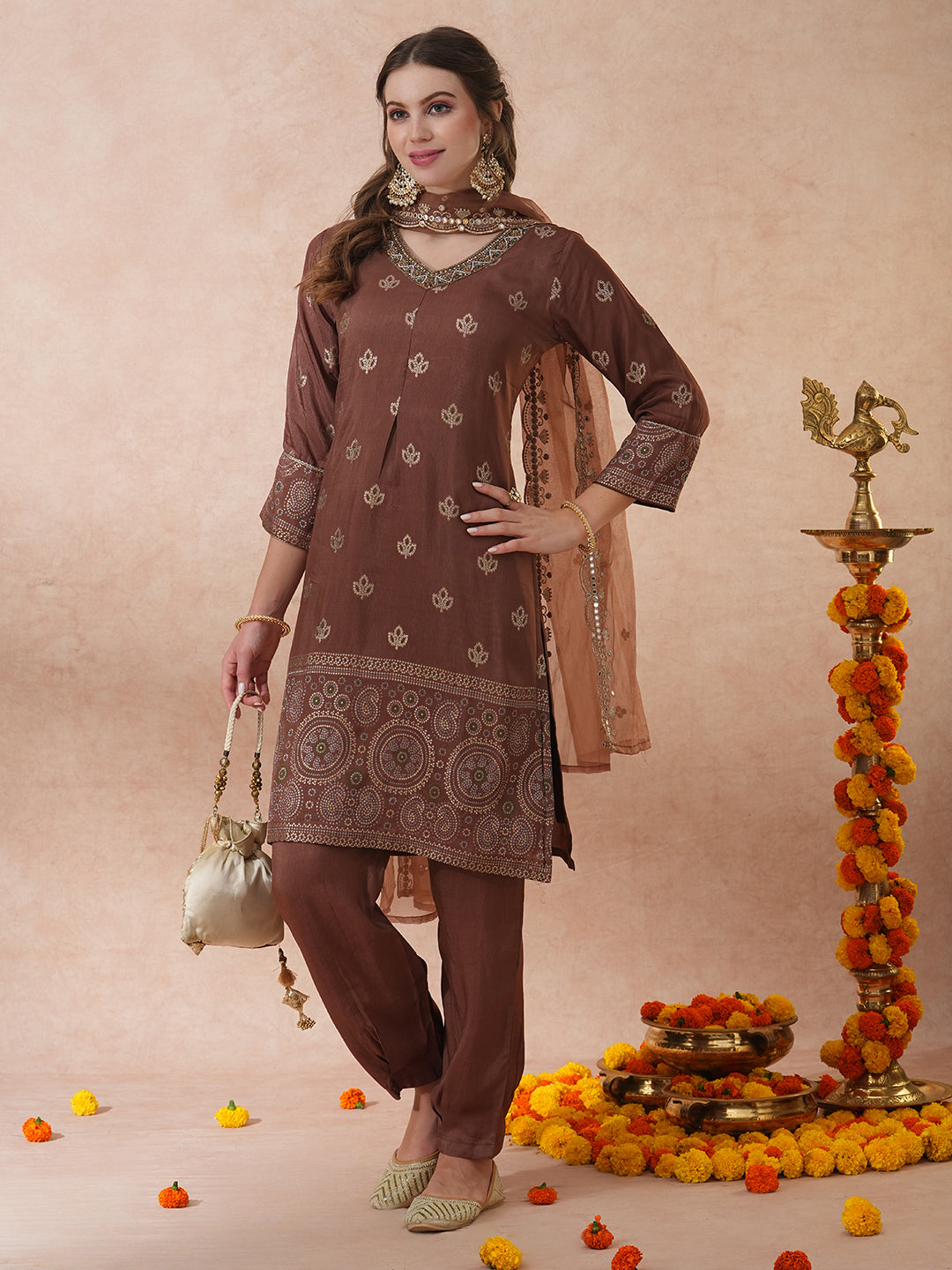 FASHOR Ethnic Hand Embroidered Jacquard Straight Kurta with Pant & Dupatta - Brown