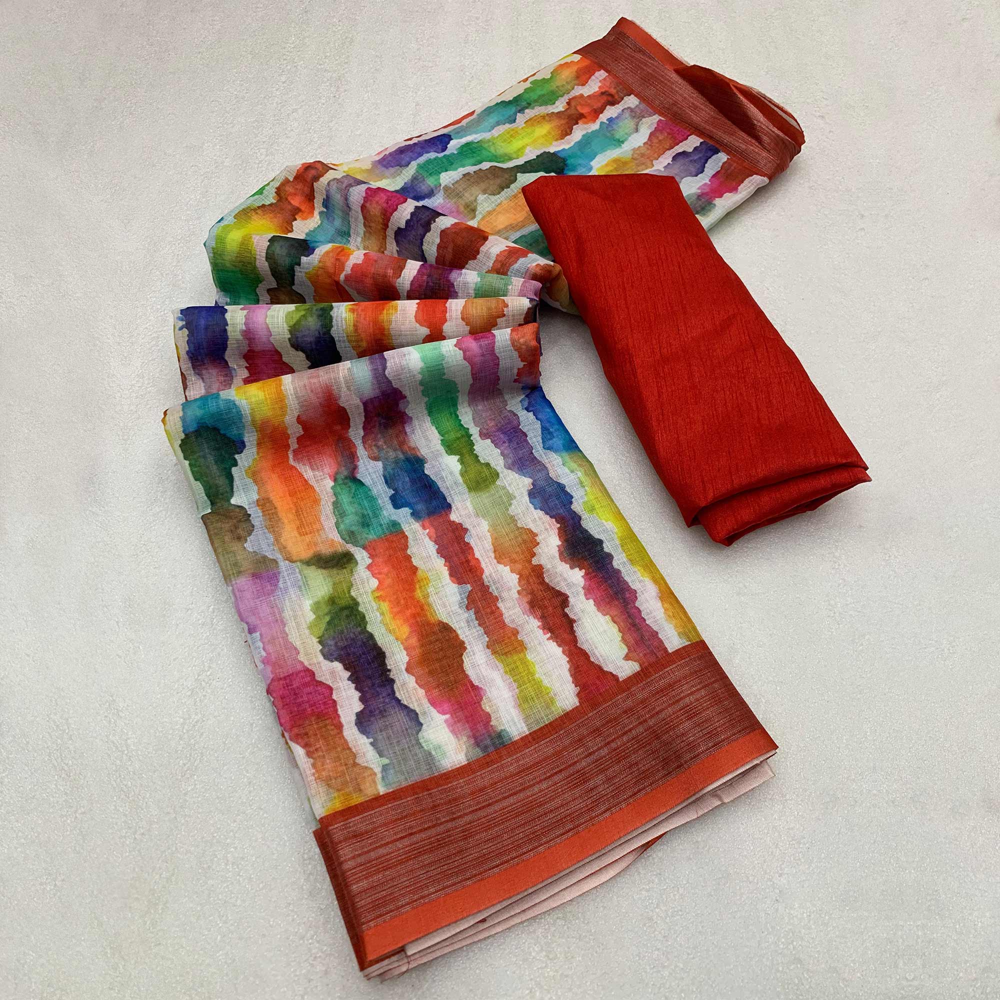 Peachmode Multicolor Leheriya Printed Woven Linen Saree