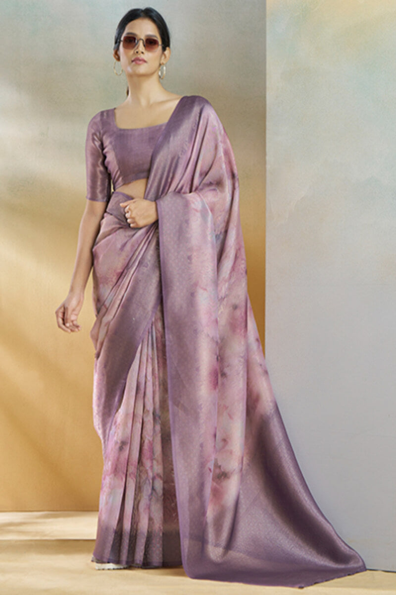 Rajpath Elaborate Lavender Digital Printed Soft Silk Saree With Sophisticated Blouse Piece