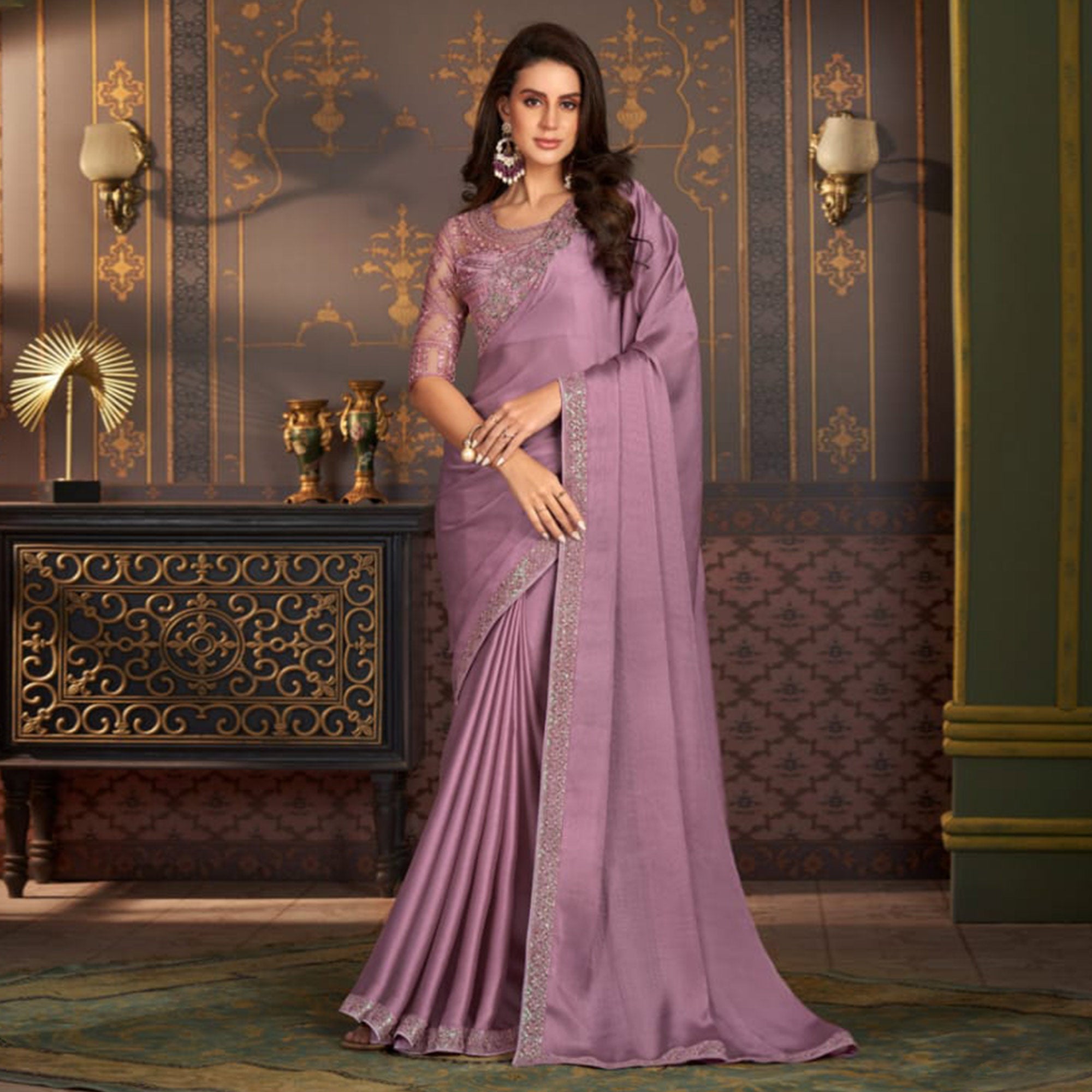 Peachmode Mauve Embroidered Satin Saree – Women's - view 2
