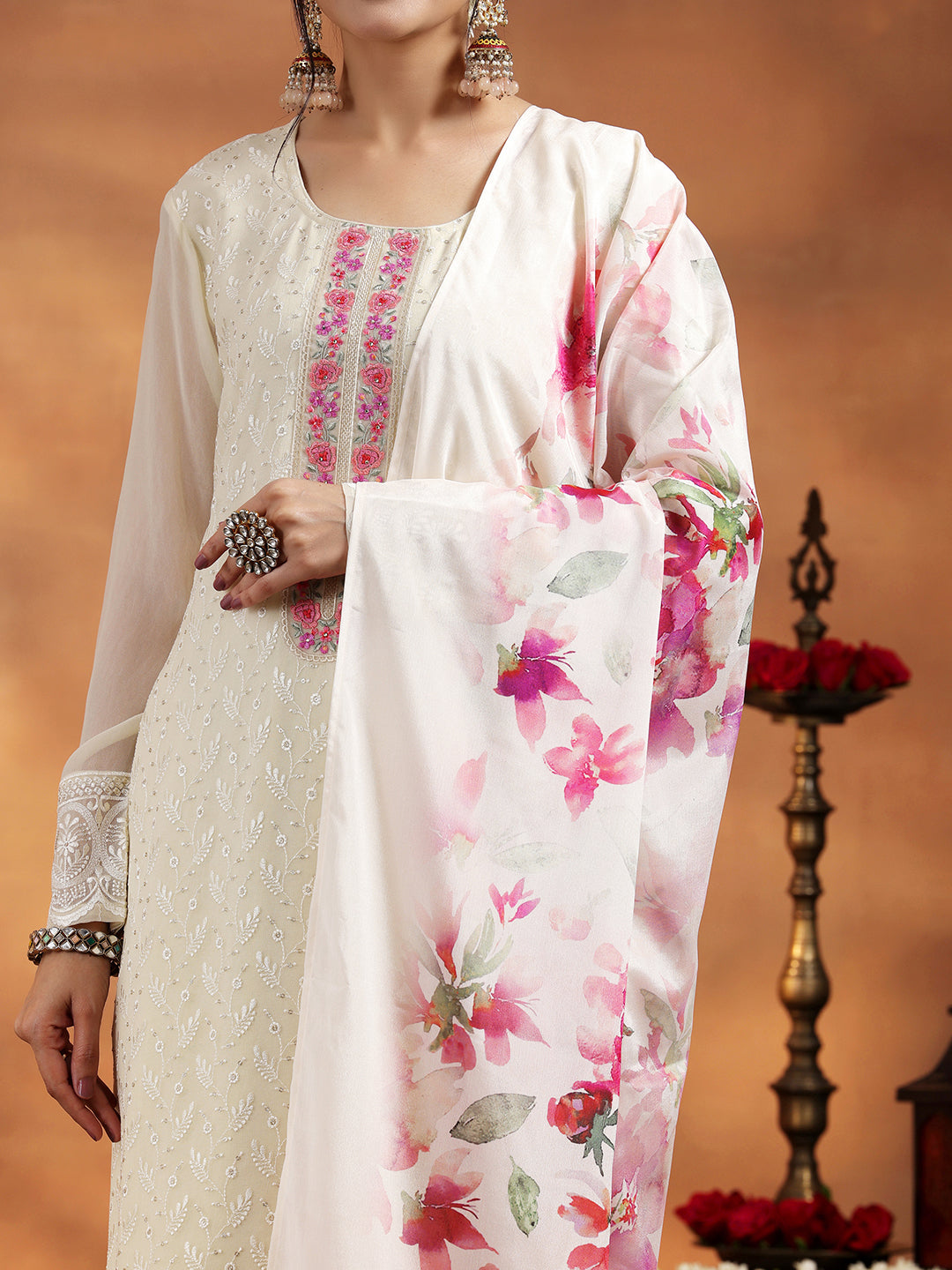 Libas Cream Embroidered Georgette Straight Suit With Dupatta - view 8