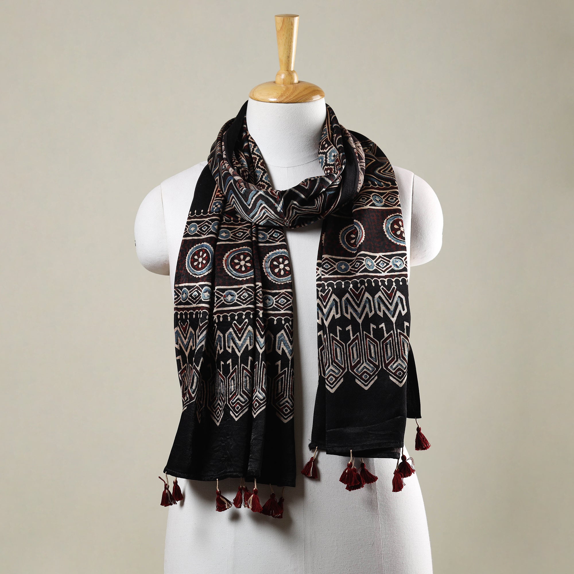 RIYAZ ABDULMAJID KHATRI - AJRAKH Black - Ajrakh Hand Block Printed Mashru Silk Stole with Tassels