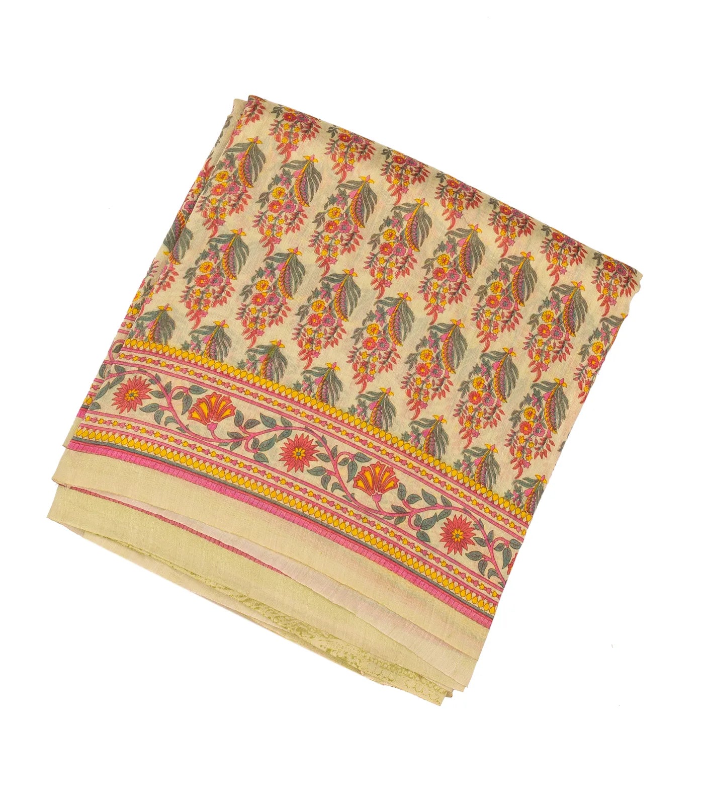 RmKV Cream Handloom Chanderi Cotton Saree With Printed Pink Floral Motif