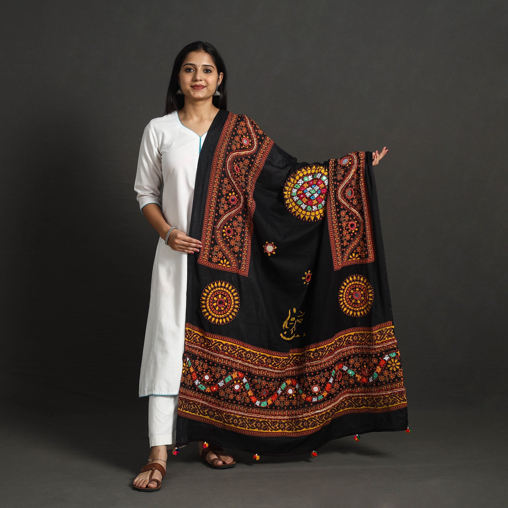 KACHCHH JI CHHAAP Black - Mirror Work Printed Cotton Kutch Embroidery Dupatta 01 - view 2
