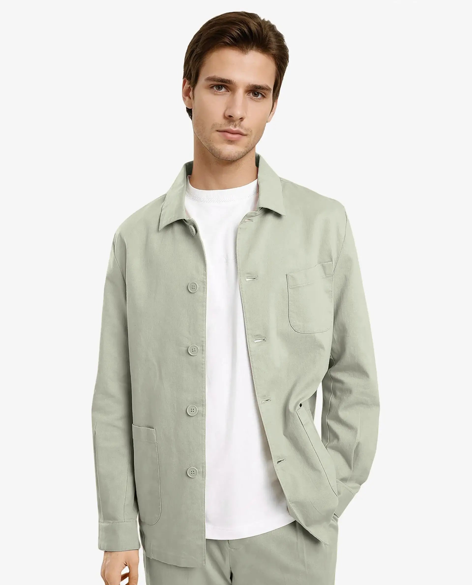 Rare Rabbit Men's Torroy Dusky Green Cotton Fabric Full Sleeves Collared Neck Plain Jacket